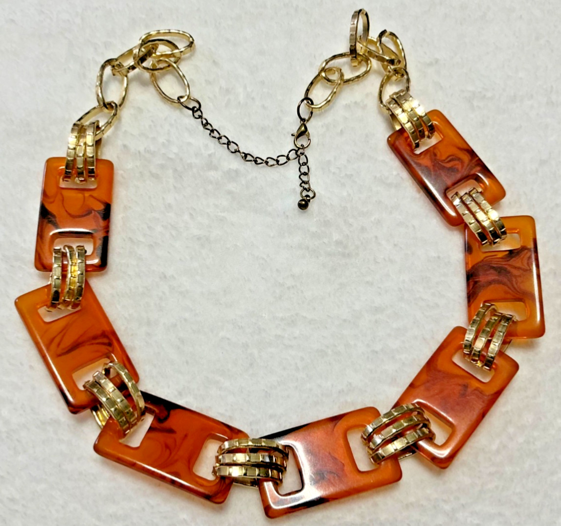 Vintage Faux Tortoise Shell Look Acrylic Chunky Gold Tone Necklace