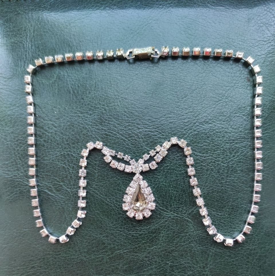 Vintage Soviet Rhinestone Choker Necklace Smoky Glass Drop Pendant USSR 1970s