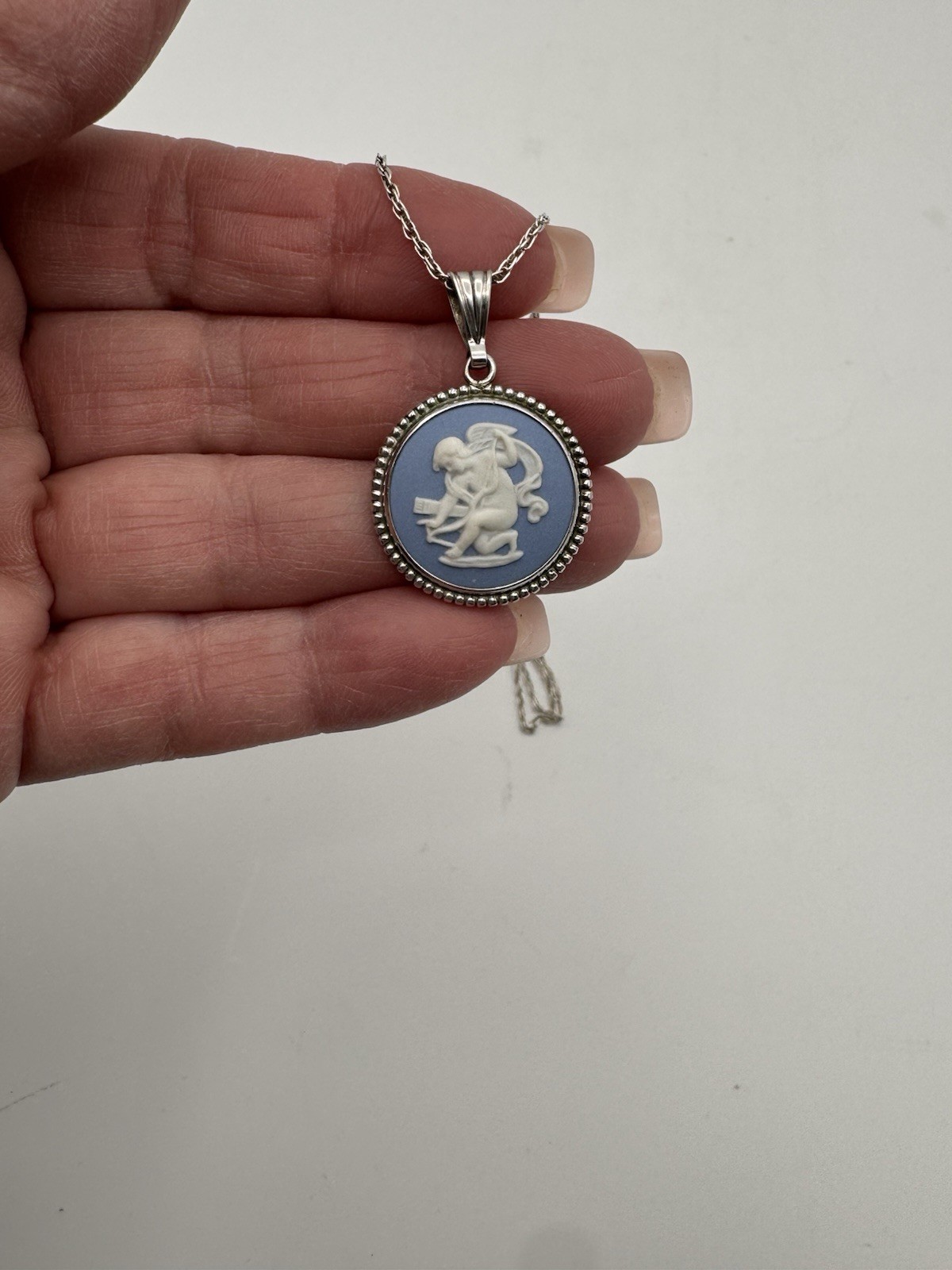 Vintage Wedgwood Blue Jasperware Cupid Signed Pendant Necklace Silver England