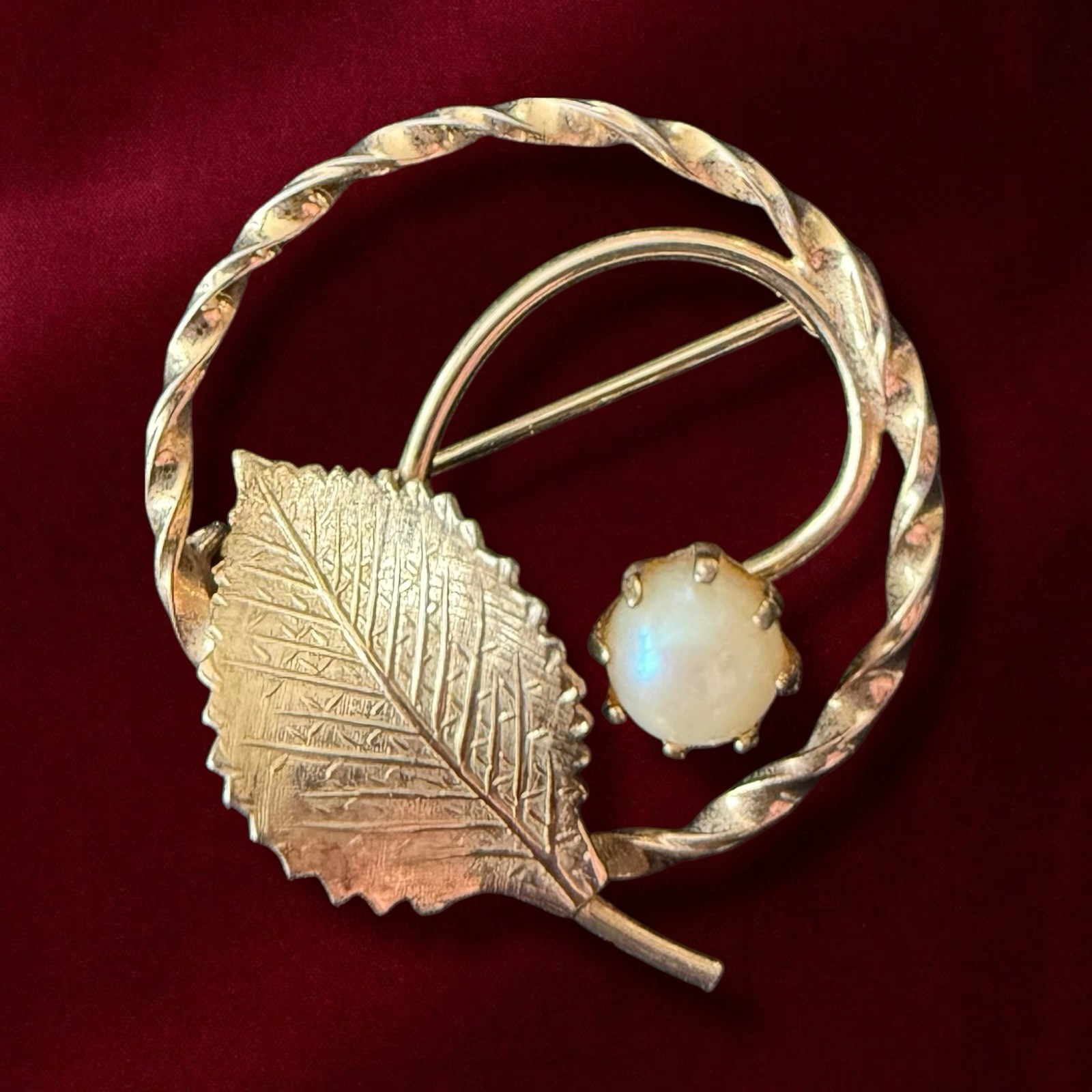 Gold Filled Leaf Brooch Cultured Pearl Pin Mid Century 1950s 12K GF Signed AC