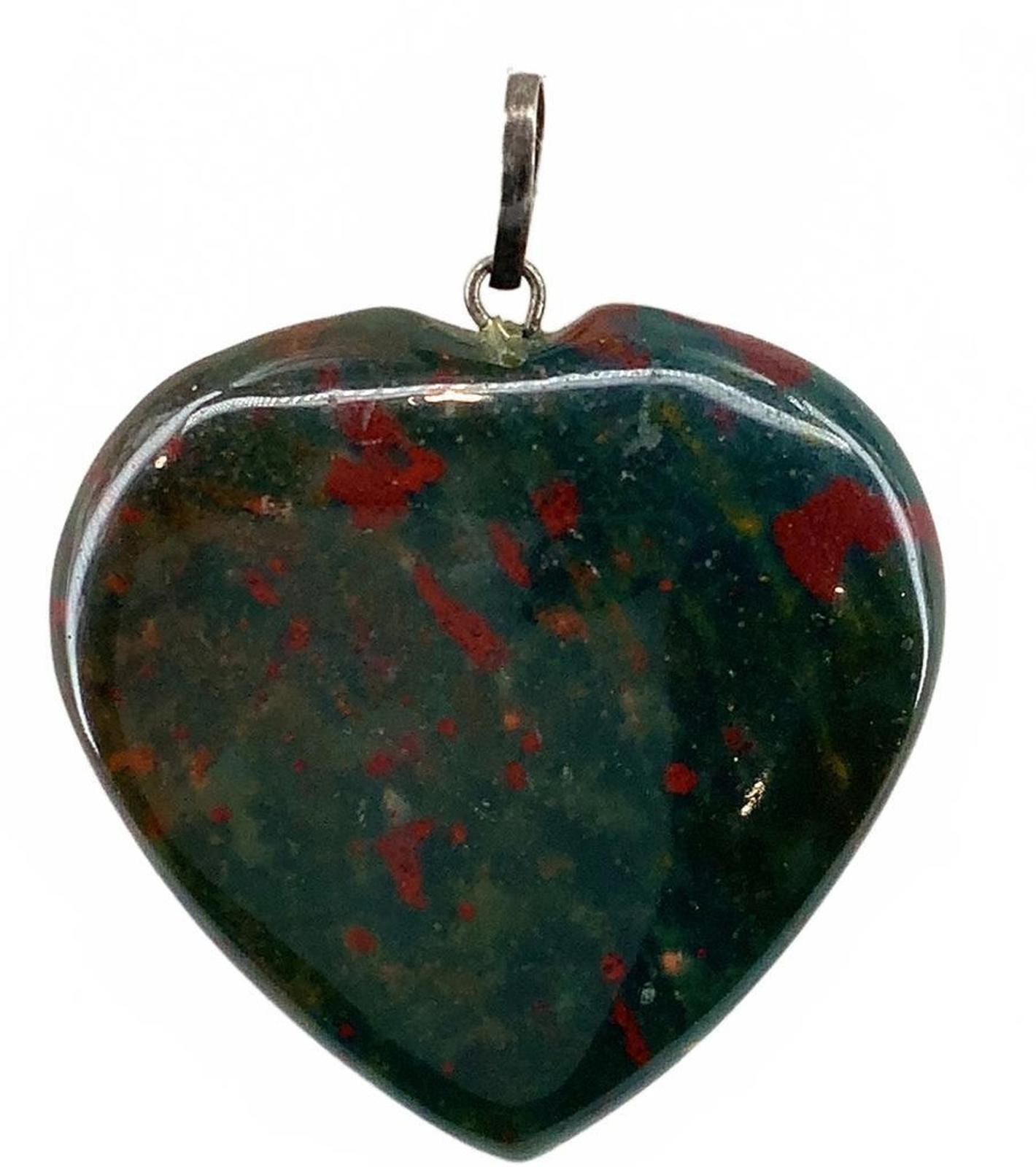 Vintage Bloodstone Jasper Heart Pendant Green Red Stone Silvertone Boho Charm
