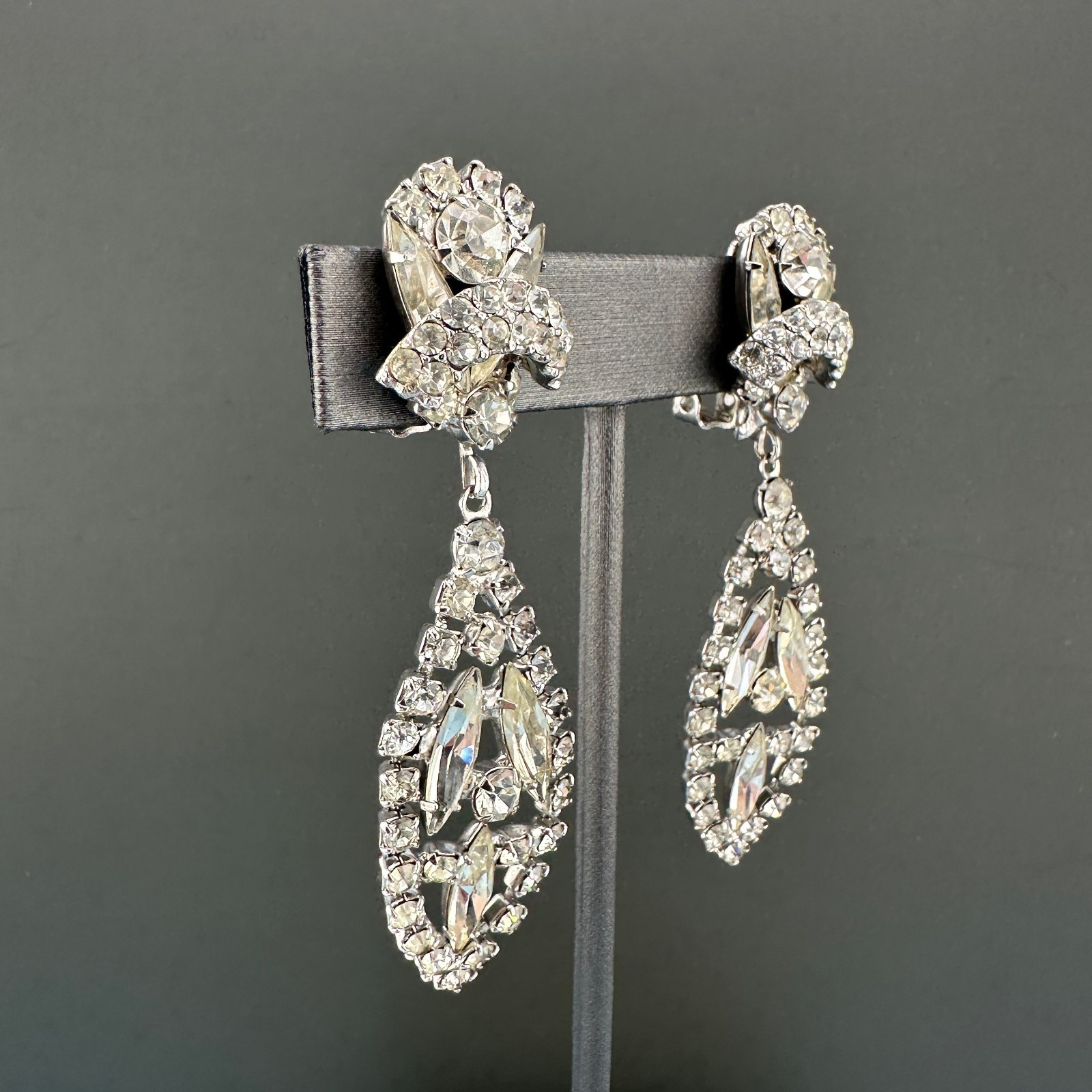 Vintage Rhinestone Earrings Chandelier Drop Clip On Statement Bridal Art Deco