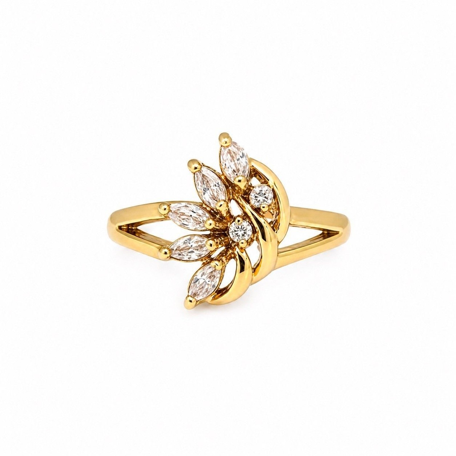 Vintage 1970s Ring Size 9 CZ Cluster Marquise Prong Set Gold Plated – 14I