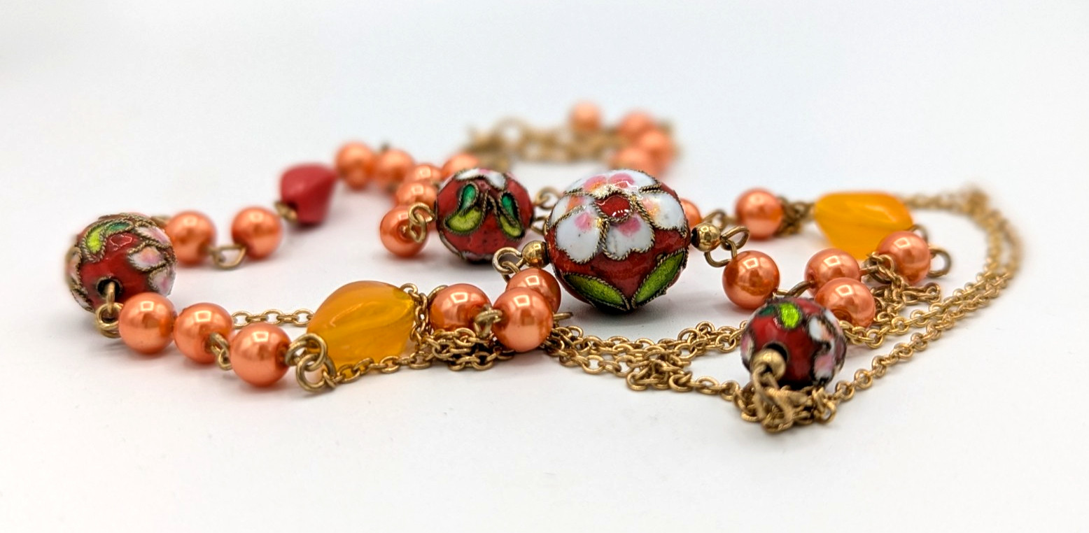 Cloisonne Beaded Festoon Necklace Floral Peach Orange Multi layered Gold Chains
