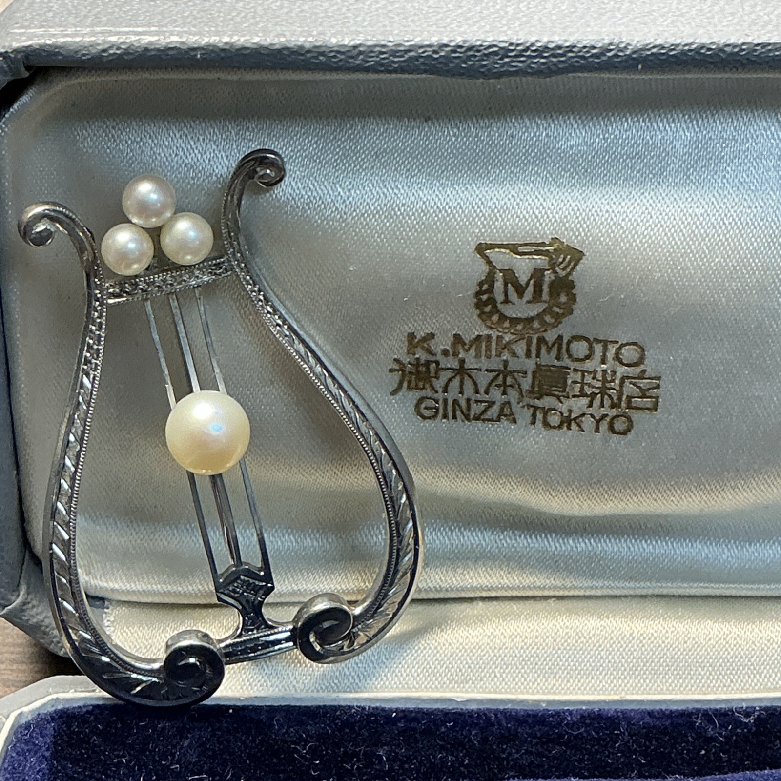Vintage Mikimoto Sterling Silver Pearl Art Deco Harp Lyre Brooch