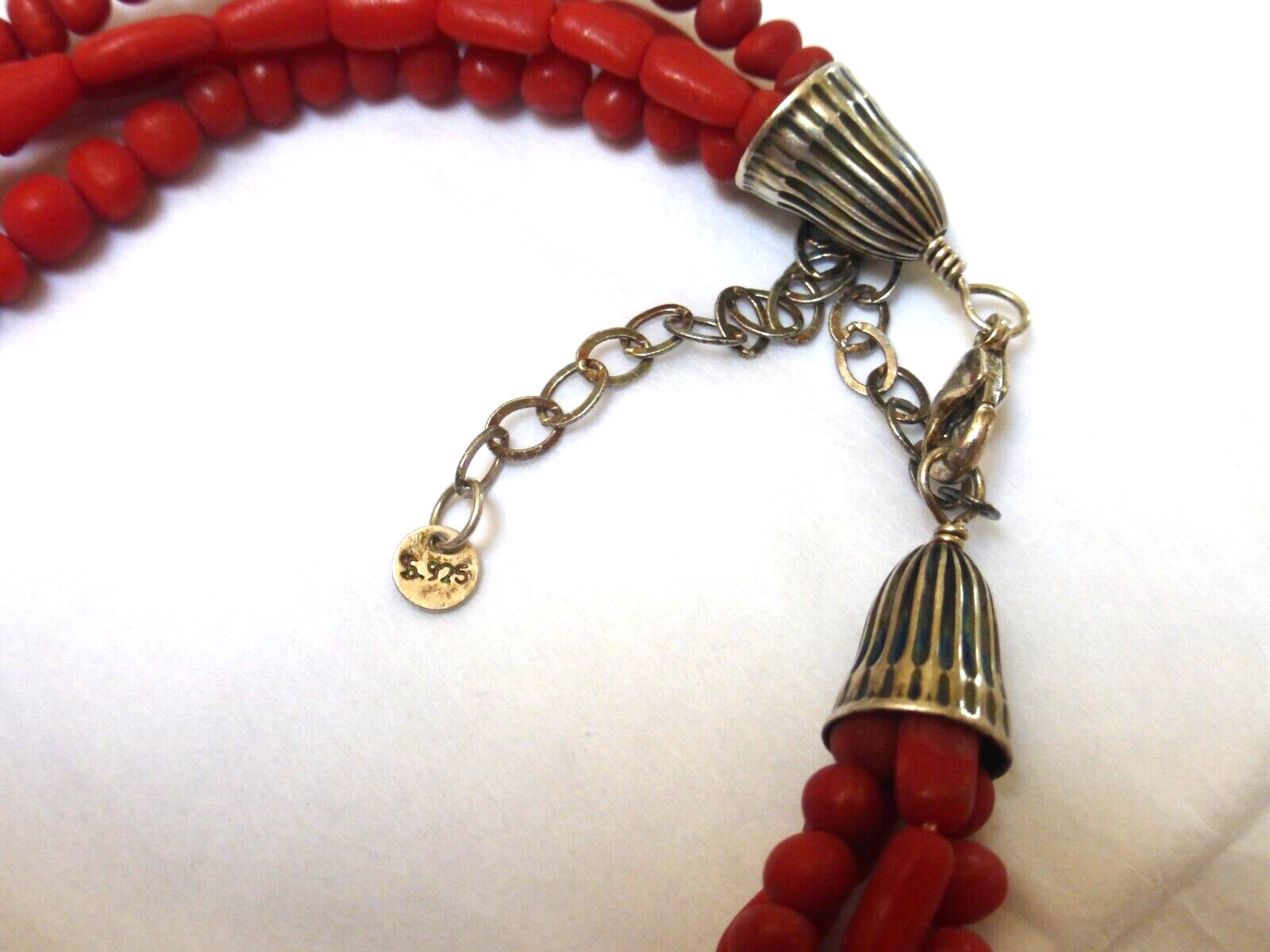 Vintage sterling silver red coral bead 4 stands necklace, undyed