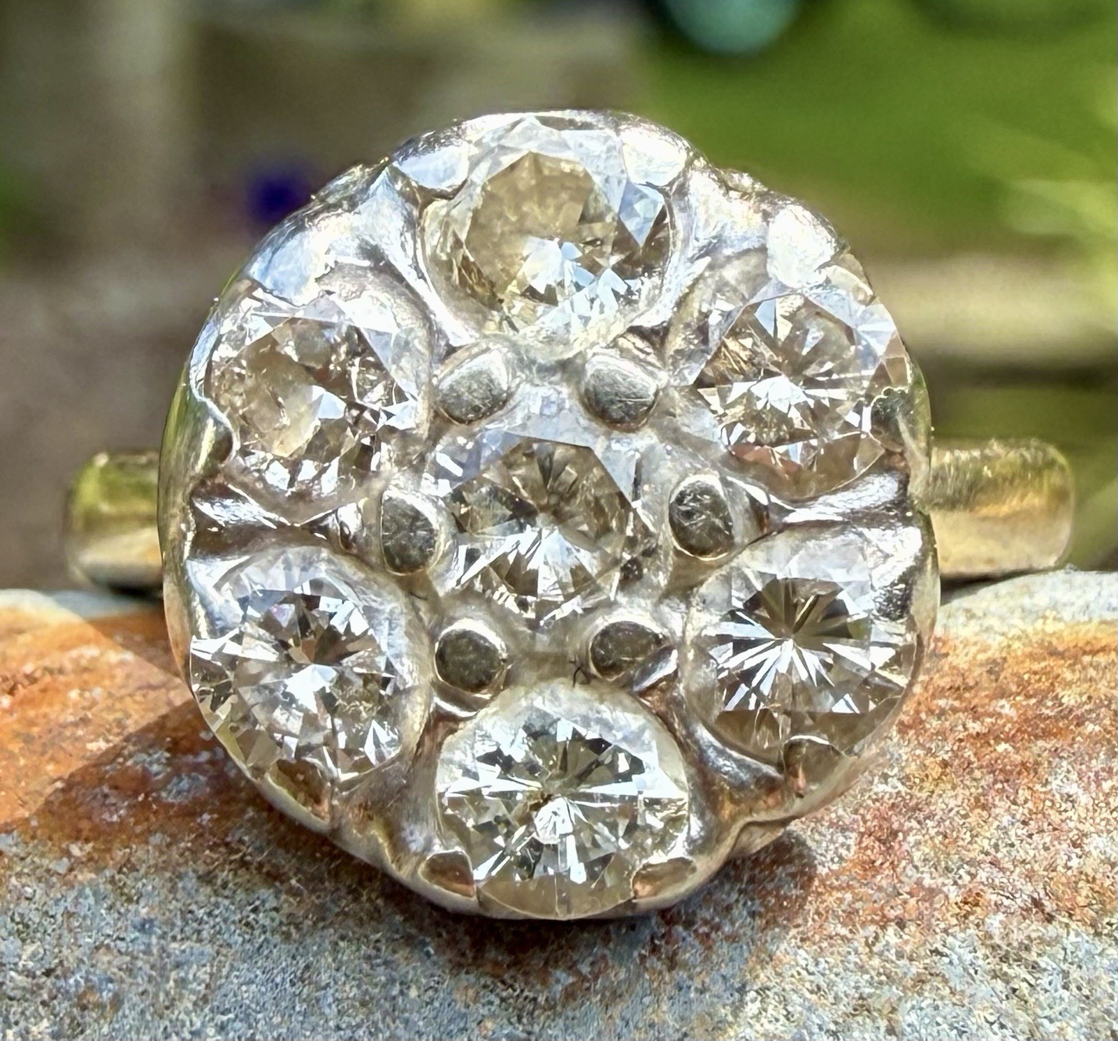 Vintage 1930’S to 1950’S 14K Gold Round Natural Cut Diamond Cluster Ring Size 6