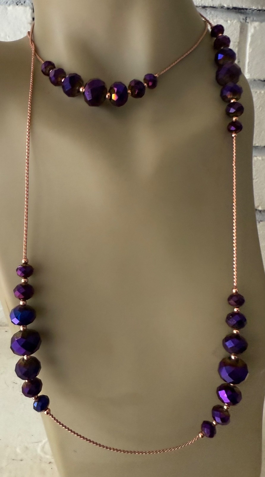 ESTATE ROSE GOLD PLATED PEACOCK PURPLE GLASS BEAD CHAIN NECKLACE 44″ SIGNED