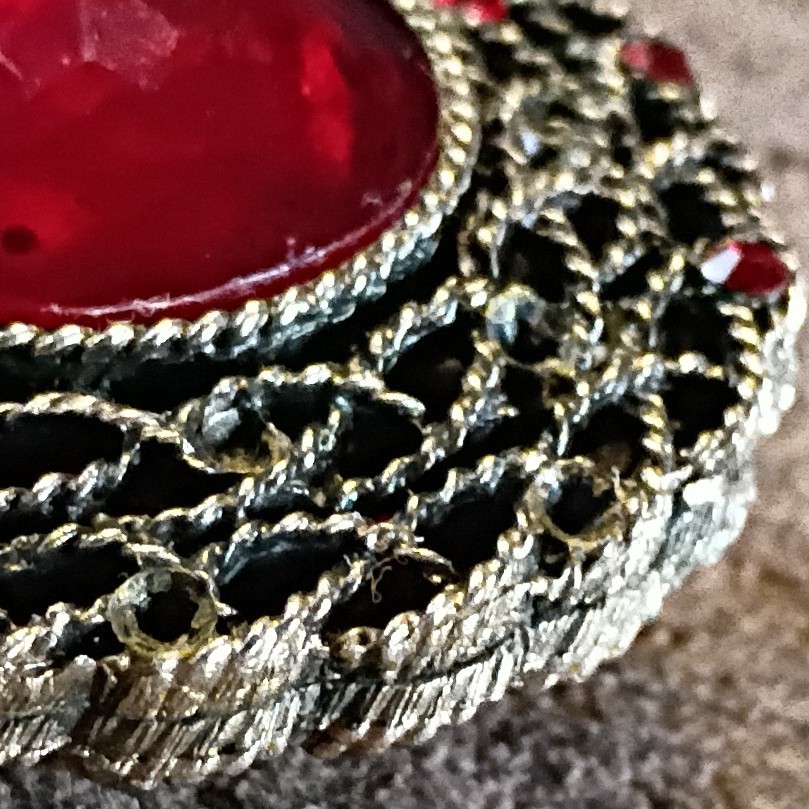Vintage Round Red Glass pendant with Silver Metal Accents
