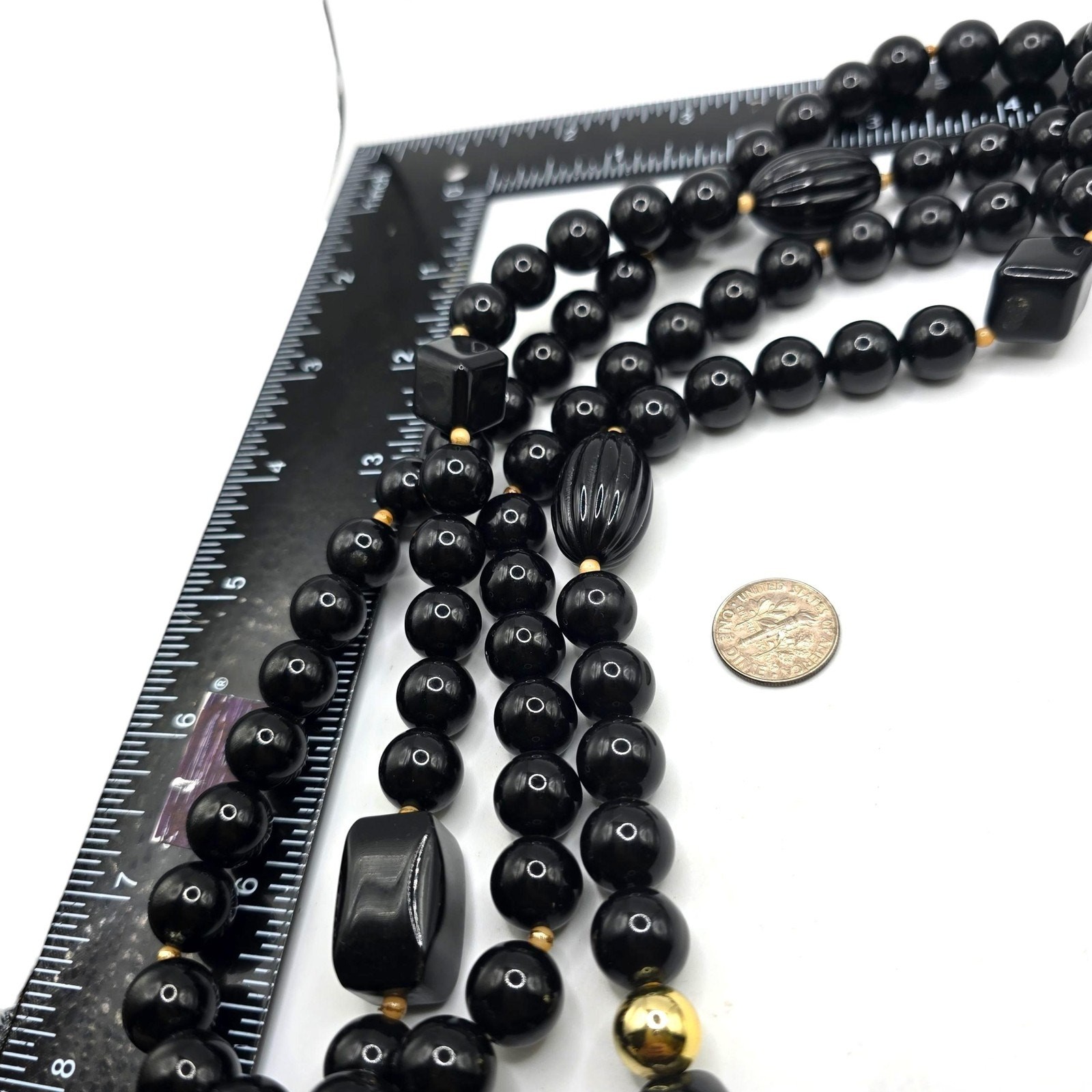 Vintage Necklace Black Beaded Gold Tone Clasp Double Strand 26″ SKU2510
