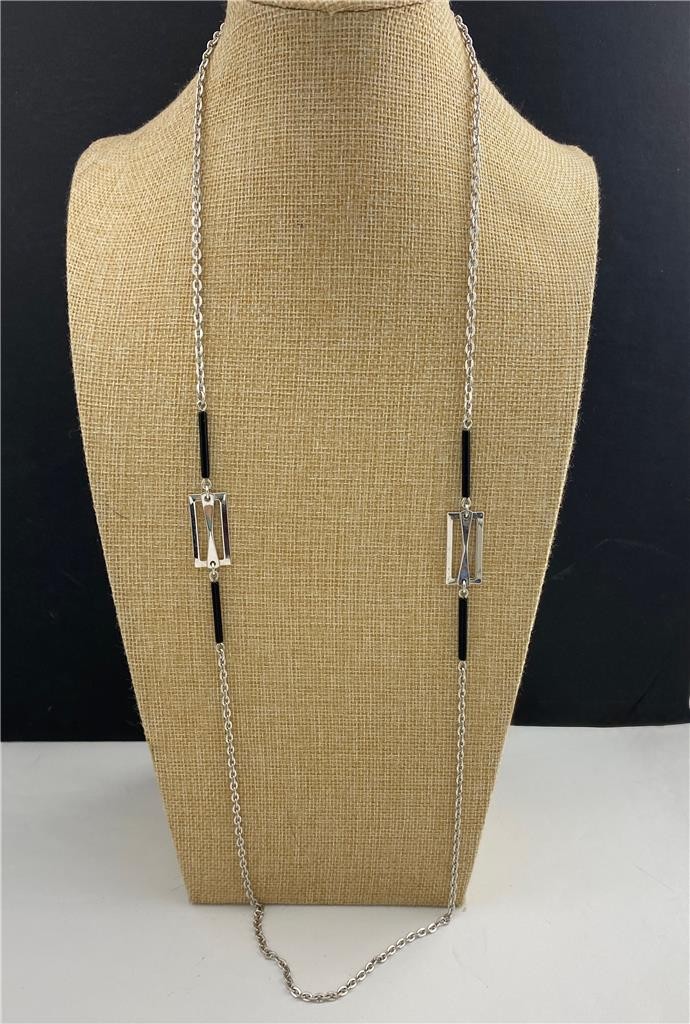 1960’s EMMONS Silver Tone Chain Black Bar Stations & Rectangular Links 36″ Long