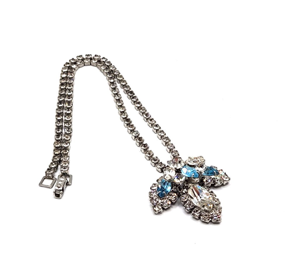 Blue White Silver Tennis Necklace 17 Inches Long Designer Rhinestone Vintage