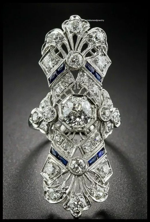 Glorious Long Art Deco Design With Old European Cut CZ & Blue Sapphire Fine Ring