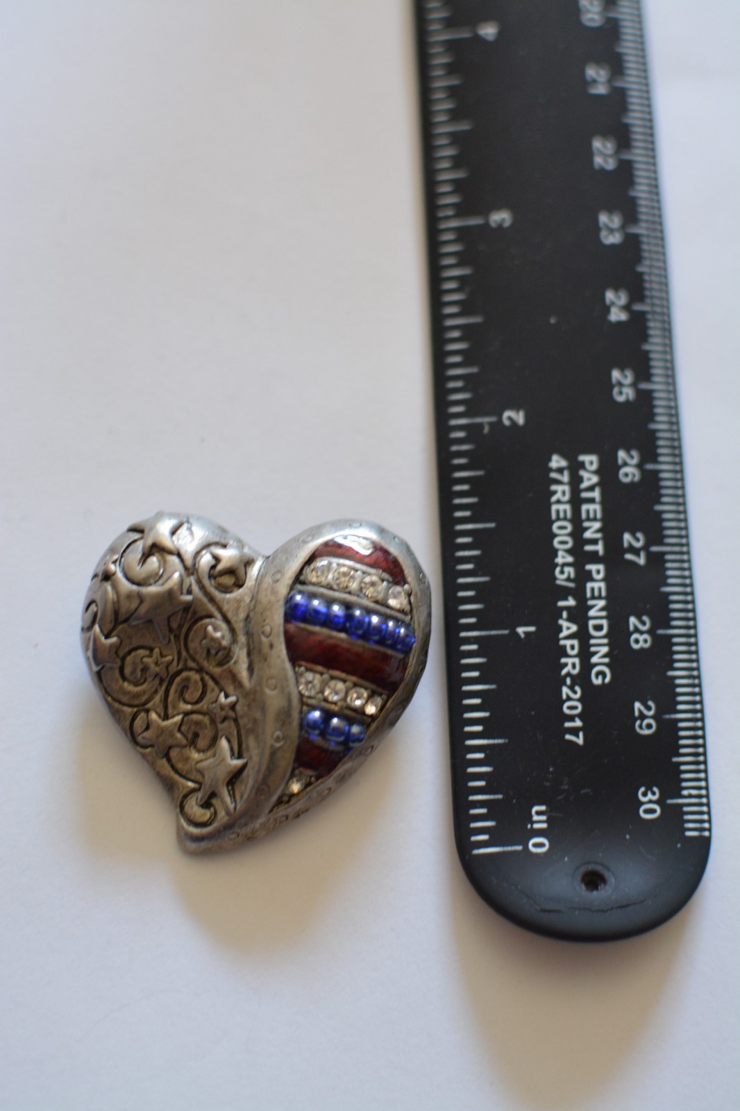 Signed Chico’s patriotic silver tone red white and blue heart brooch