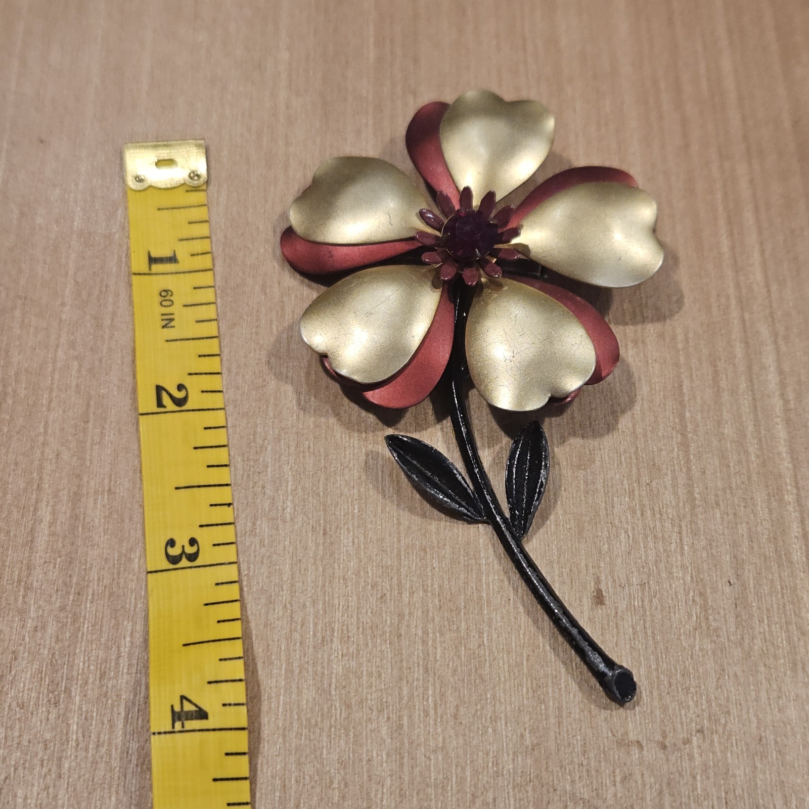 Vintage Enamel Copper Flower Power Brooch Pin Red Heart Rhinestone