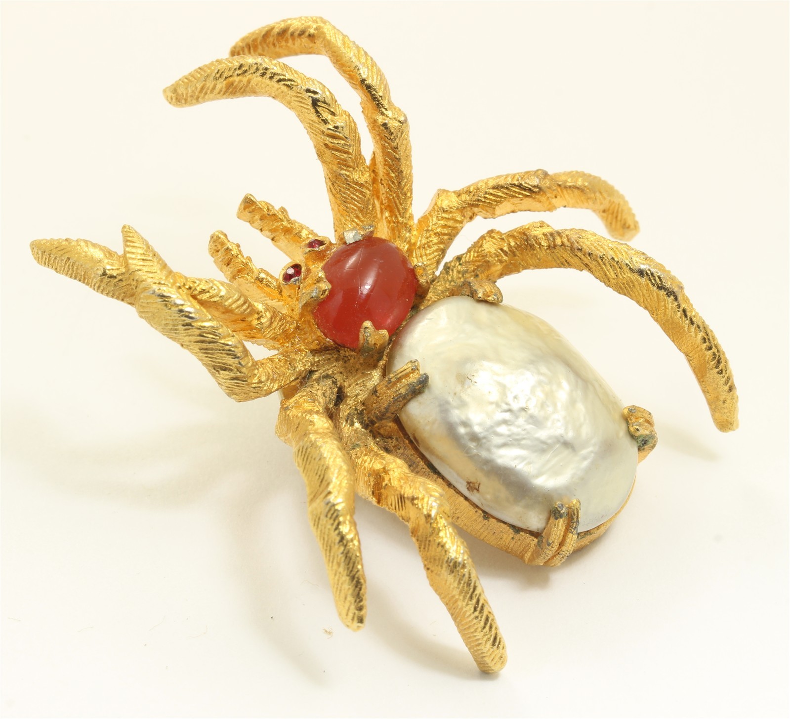 Vintage Mid Century Large Gold Tone Rhinestone Pearl Spider Lapel Pin