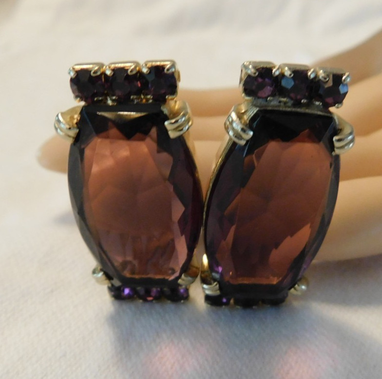 Purple Amethyst Faceted Glass Rhinestone Clip on Earrings