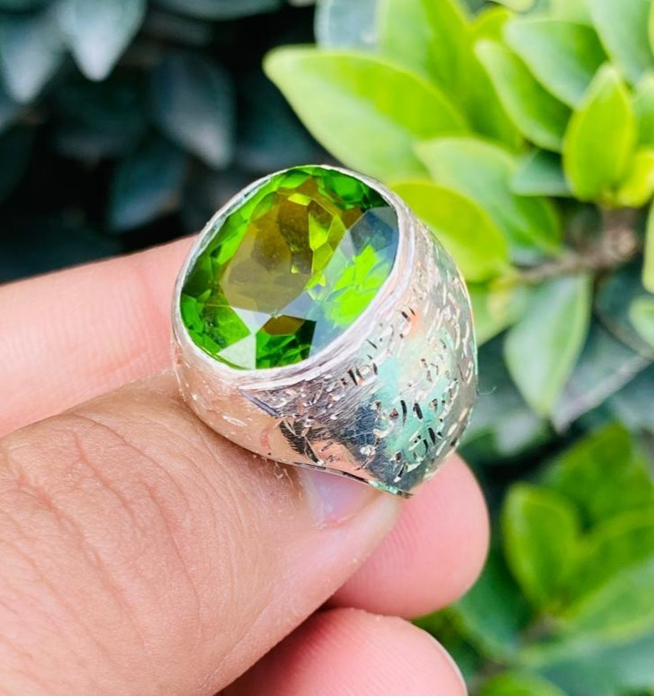 Very Big Peridot Stone Ring Big Vivid Green Peridot For Men Engraved Ring Silver