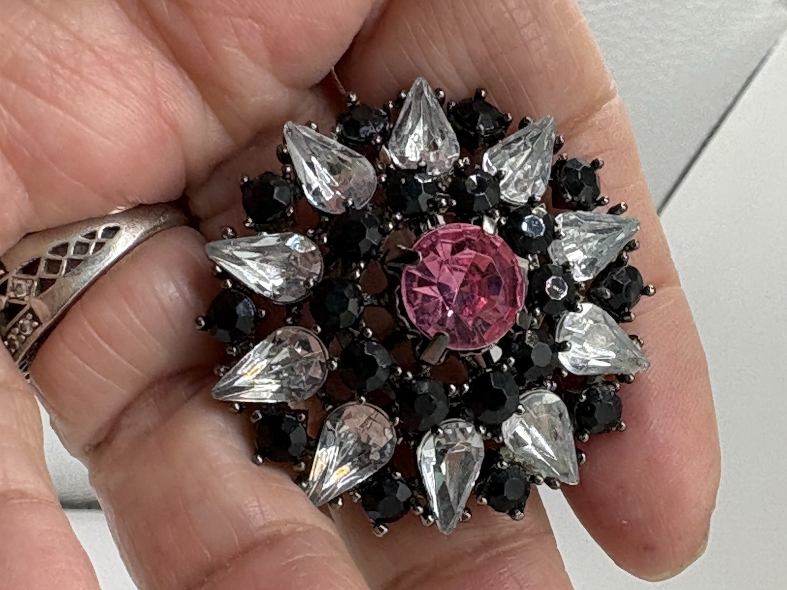 Black Clear & Pink Rhinestone Gun Metal Brooch
