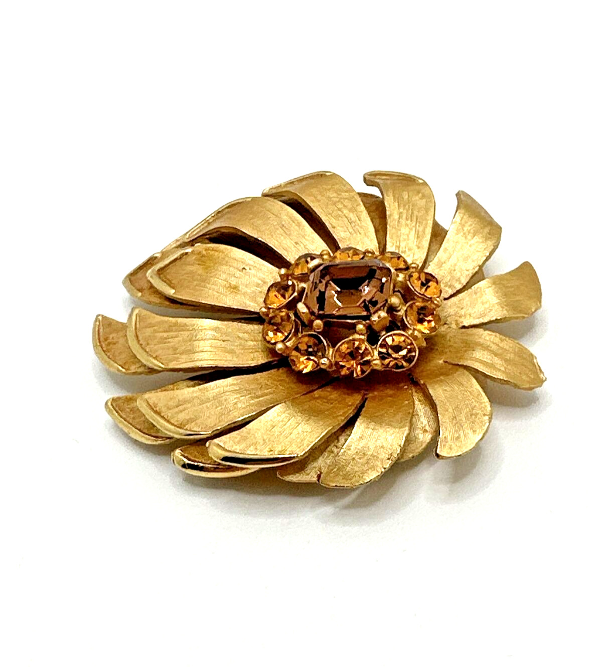 Vintage MCM 3D Layered Gold Tone Floral Flower Brooch Pin 2.5″ Amber Rhinestone