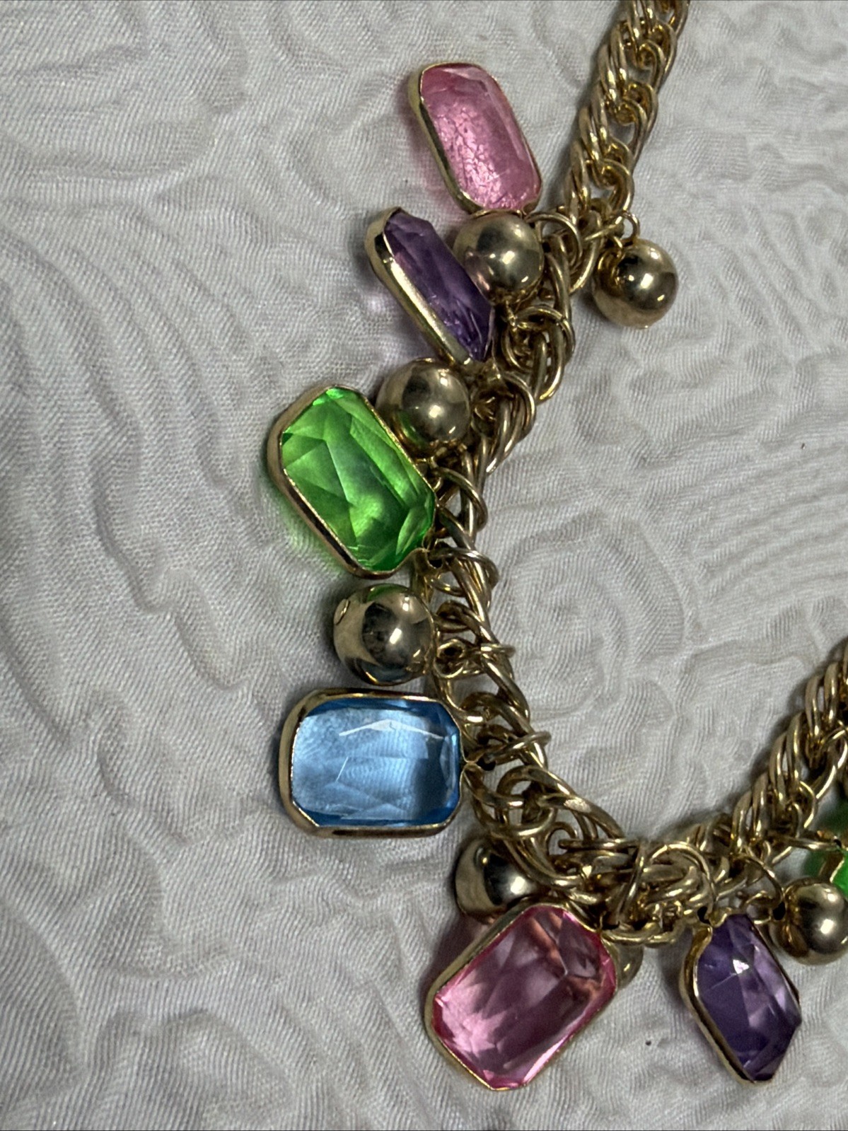 Vintage Gold Plated Multi Color Bezel Set Crystal & Gold Spacer 18” Necklace