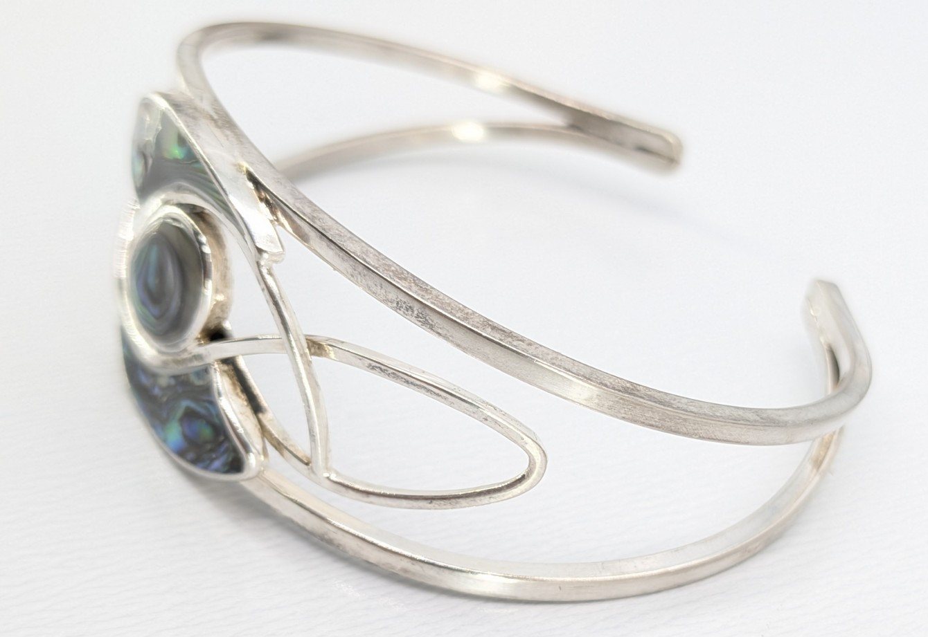 Vintage Abalone Shell Cuff Bracelet Silver Tone Openwork Swirl Small 6.5in Fit