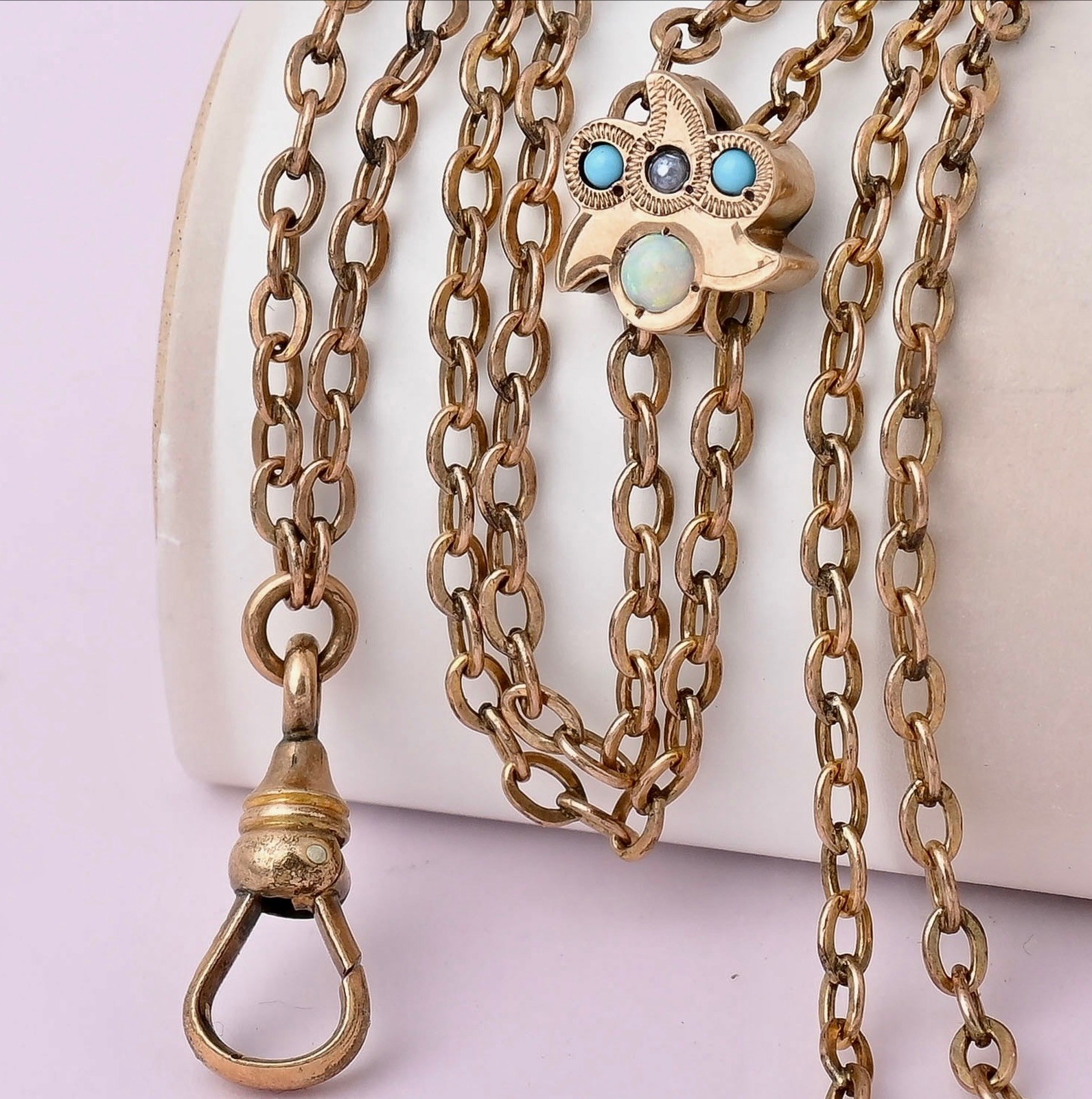 Antique Victorian Opal Turquoise Gold Filled Slide Charm Cable Chain Necklace