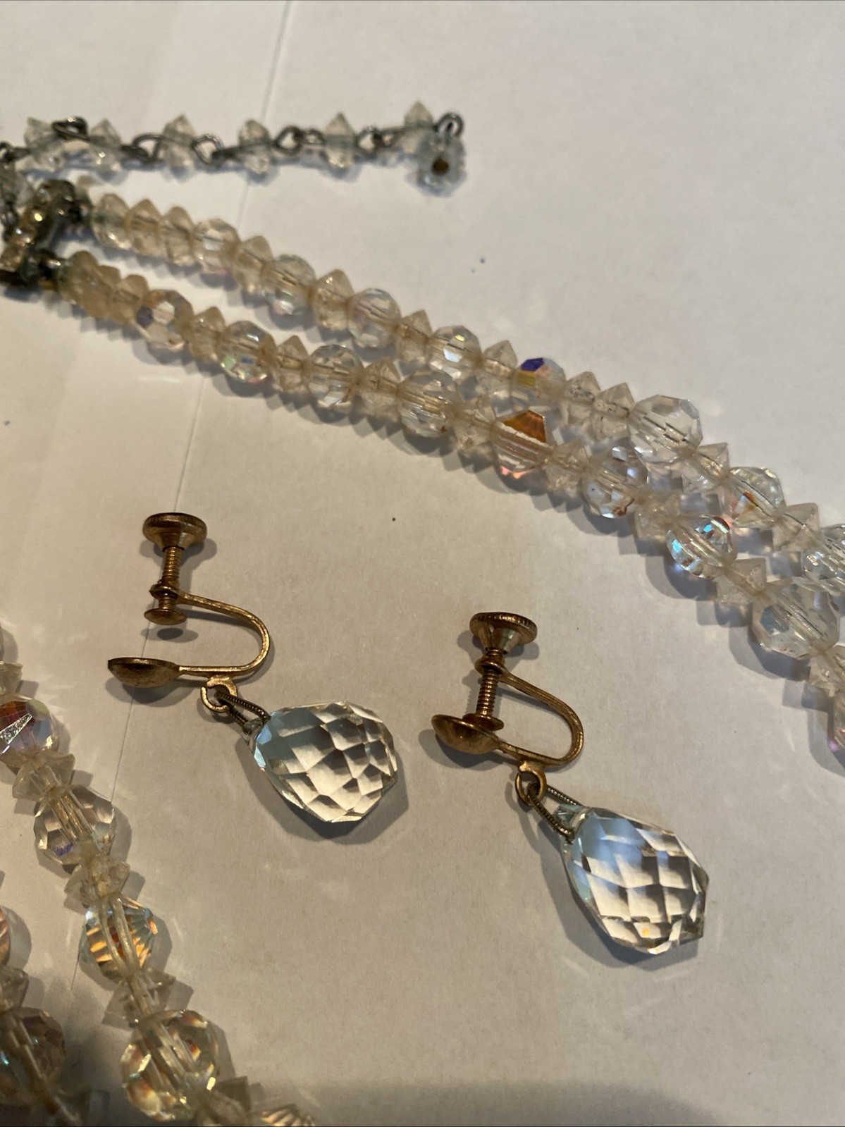 Vtg Graduated Set Faceted Crystal Glass Double Strand Choker, Screwback Earrings