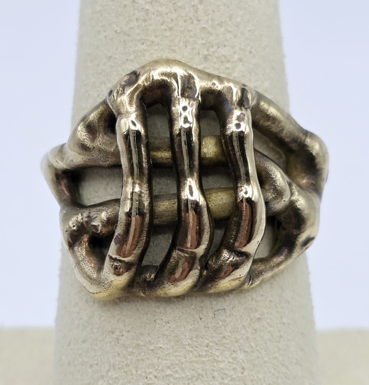 Vintage Brutalist Brass Skeleton Hand Ring Sz 8.75 MCM Modernist Goth Statement