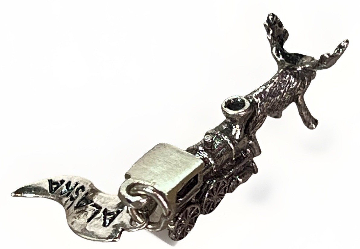 VTG 925 Alaska Souvenir 3D Moose & Locomotive Charm Sterling Silver Signed JP