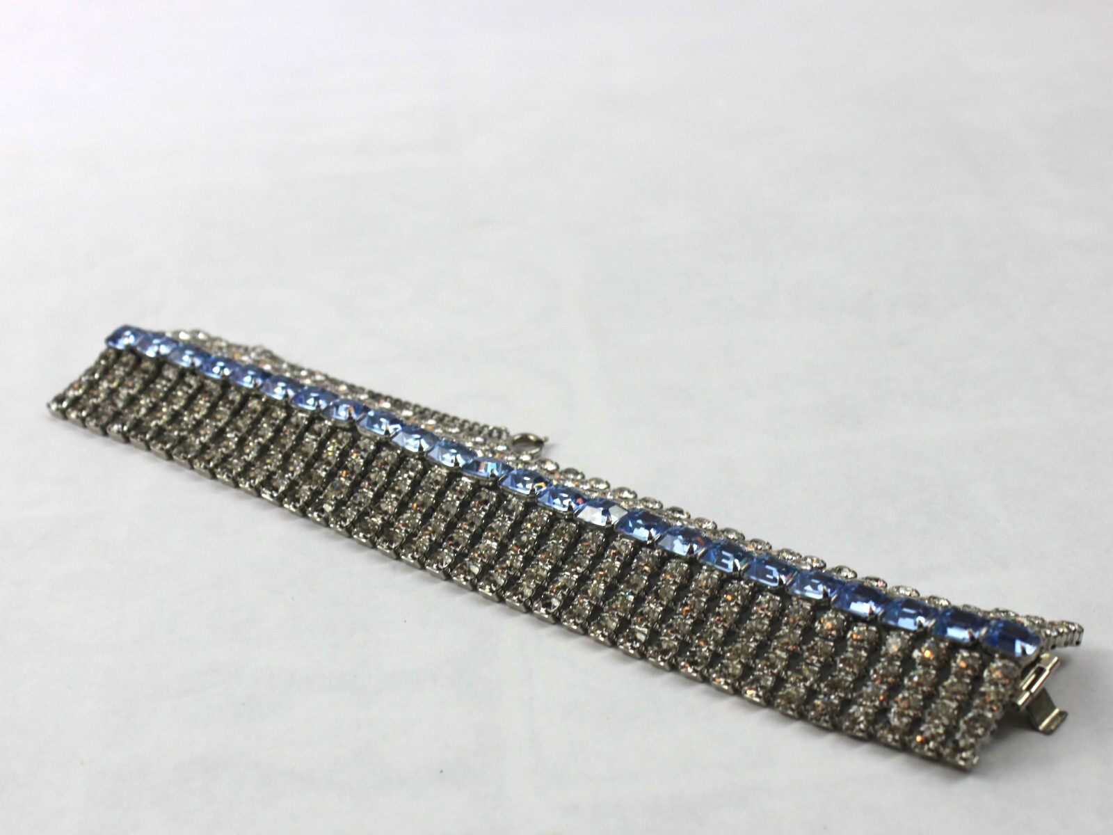 Rhinestone Bracelet Cuff Nine Row Emerald and Round Cut Rhodium Plate