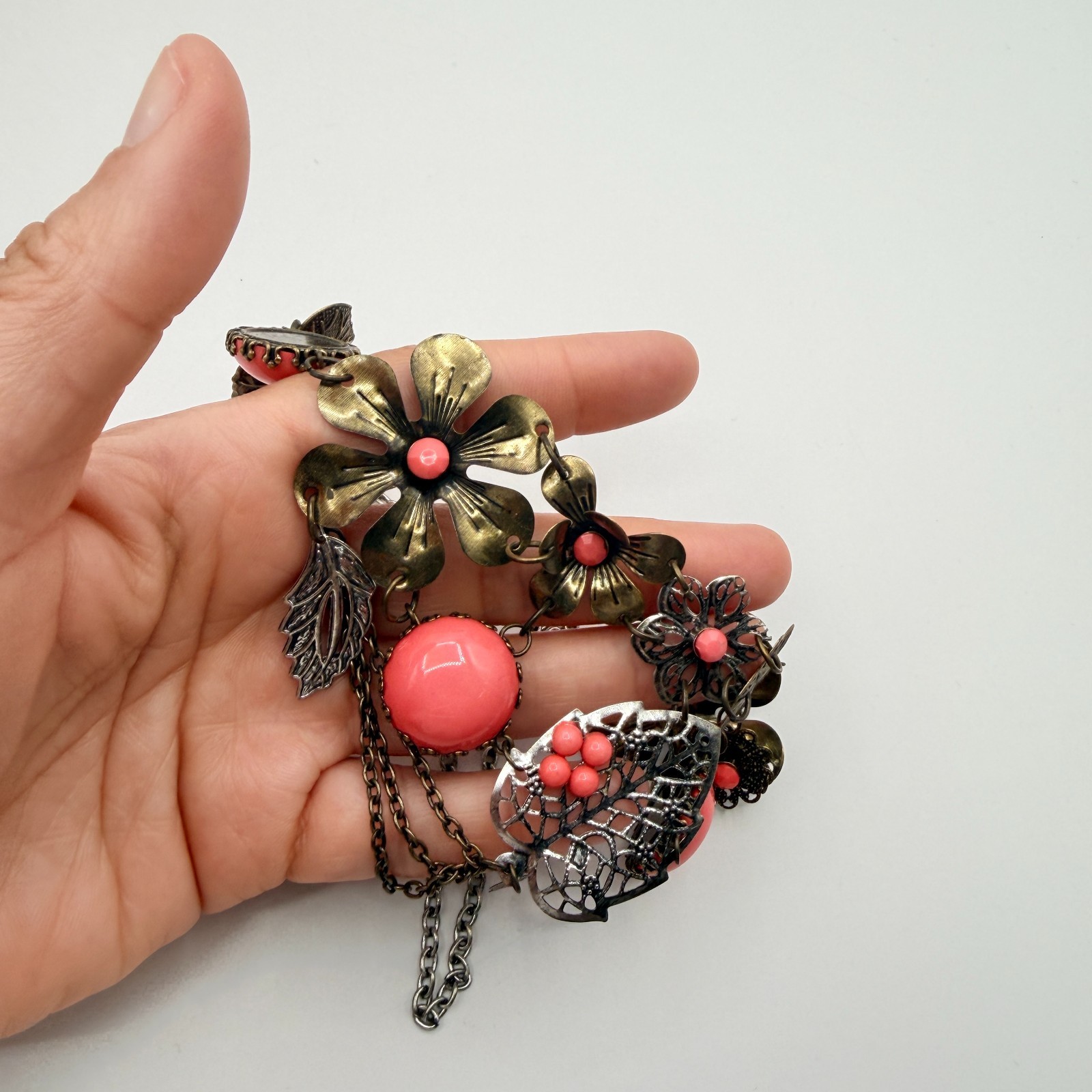 Vintage Bronze Tone Floral Bib Necklace Statement Orange Faux Coral Bead Boho