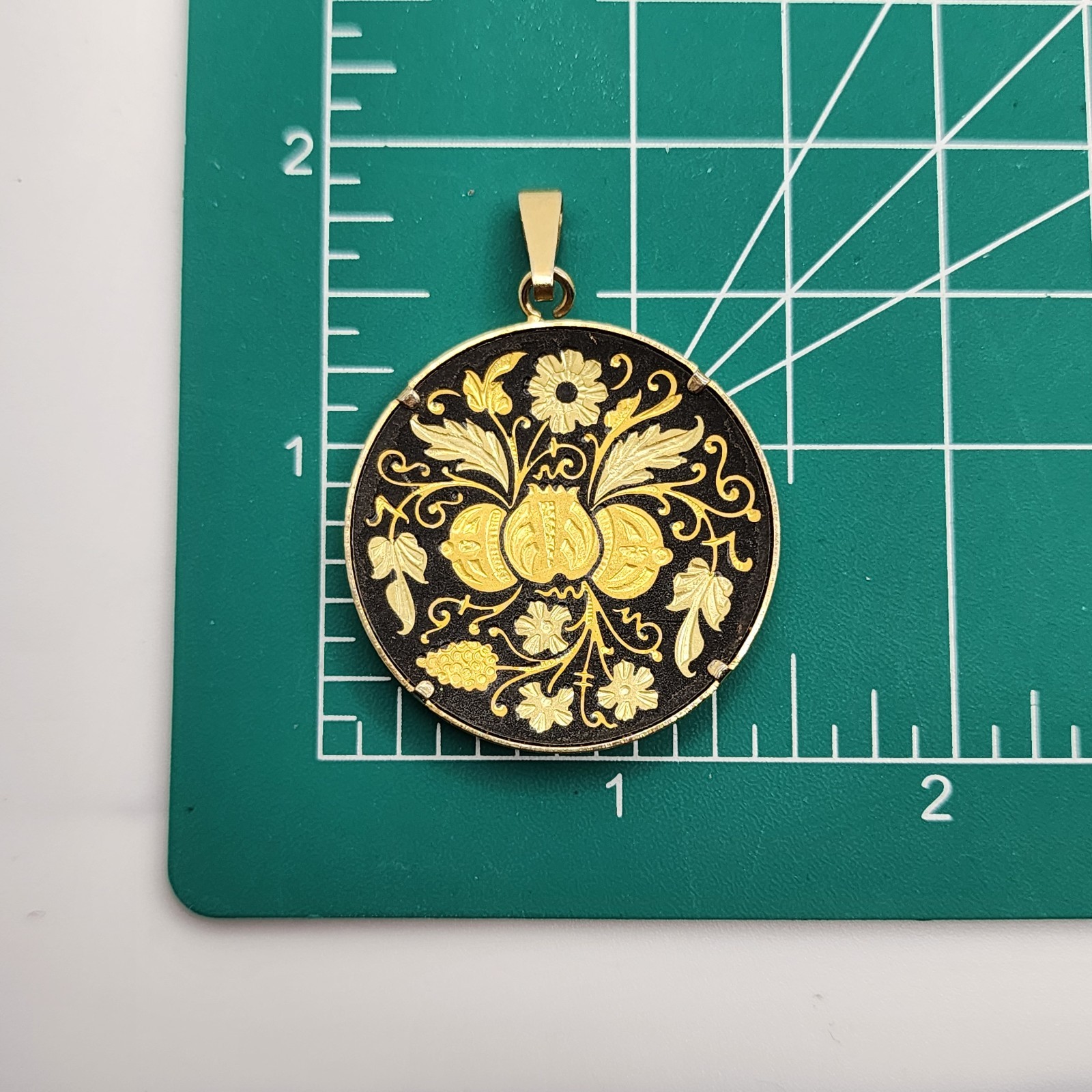 Vintage Spanish Damescene Necklace Pendant Flowers Fruit Black Gold Tone Lg 1.5