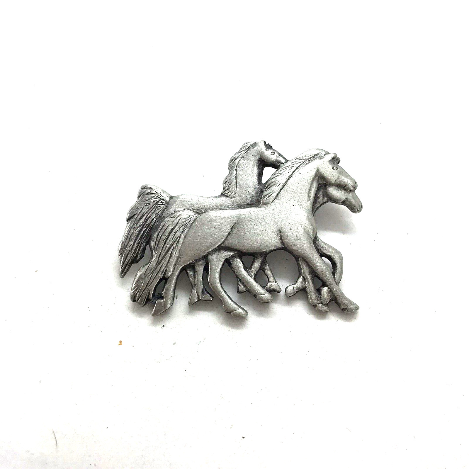 Vintage Brooch Wild Horses Running Brushed Pewter Western Americana