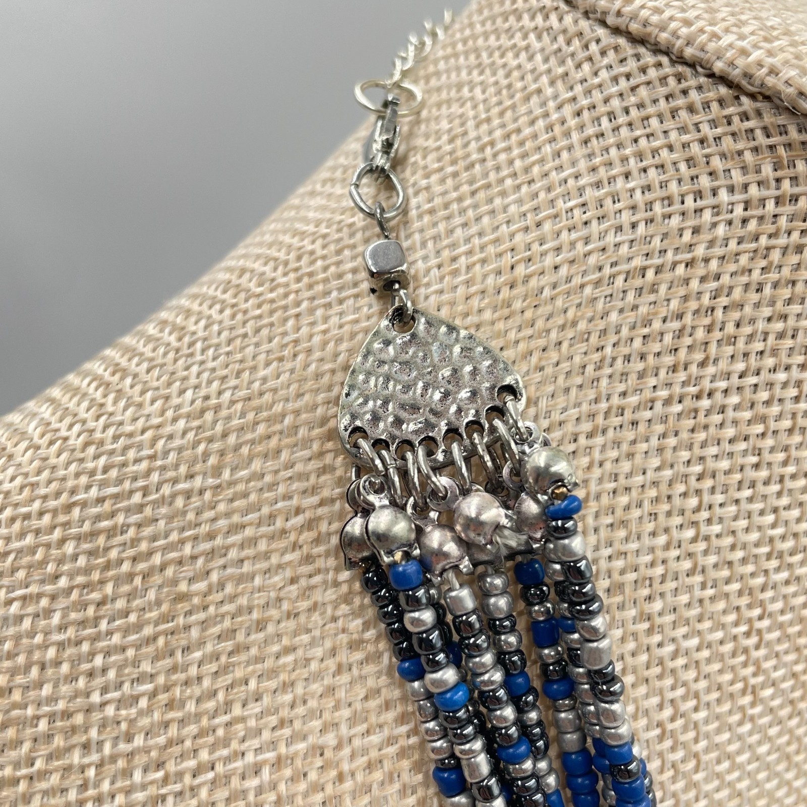 VTG Multi-Strand Seed Bead Necklace Silver Blue Boho Statement Bib Layered Long
