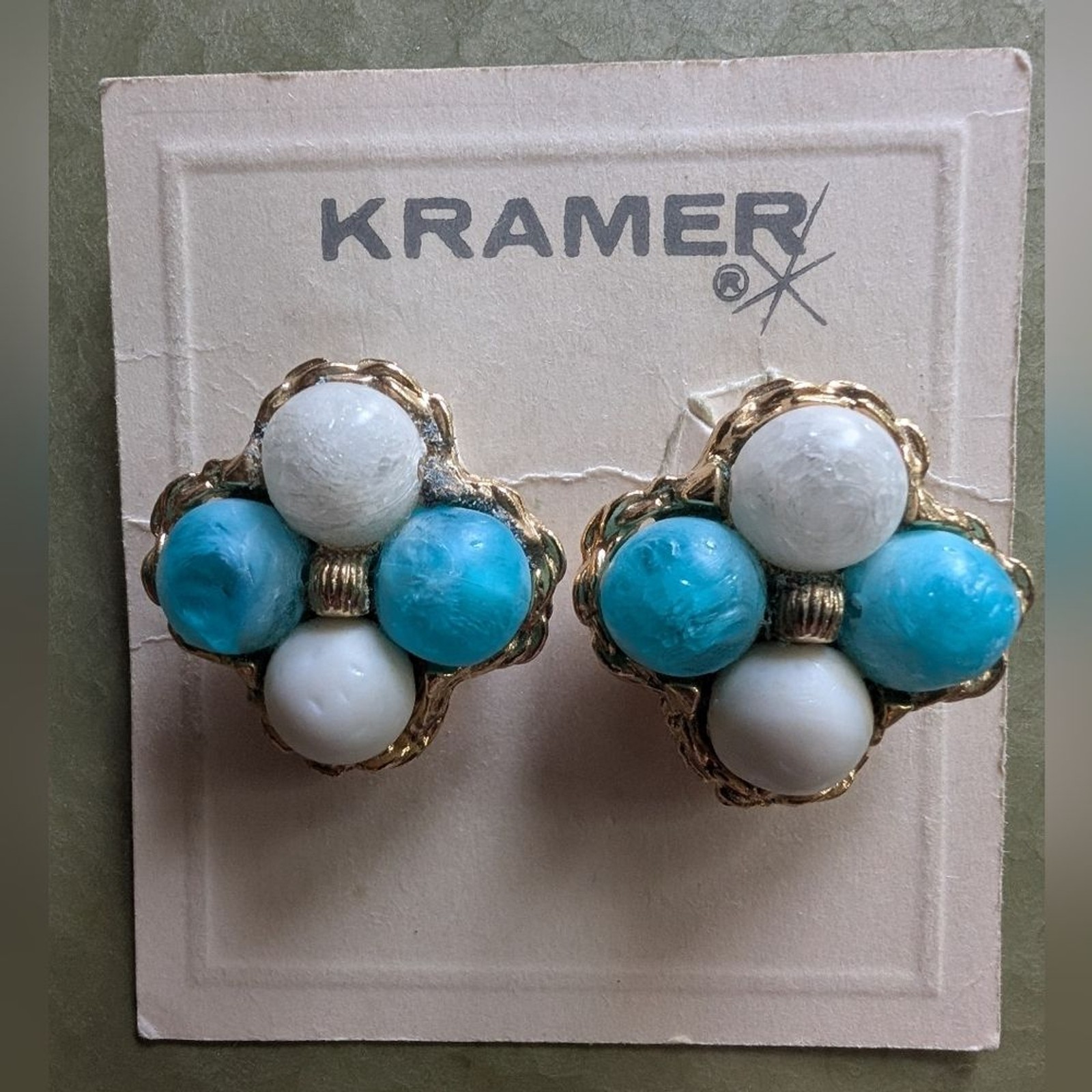 Kramer Vintage Deadstock Blue And White Beaded Necklace And Clip On Earrings