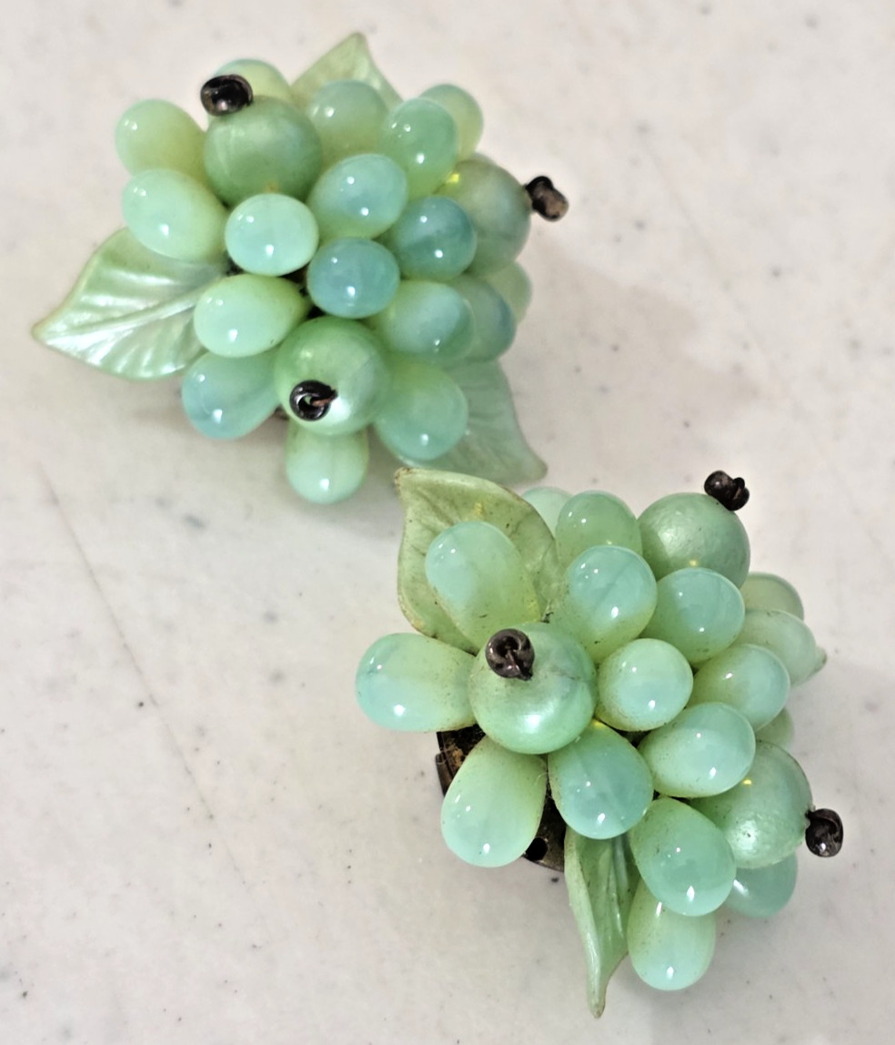 Vintage green flourite Clip Earrings Grape Clusters Antique