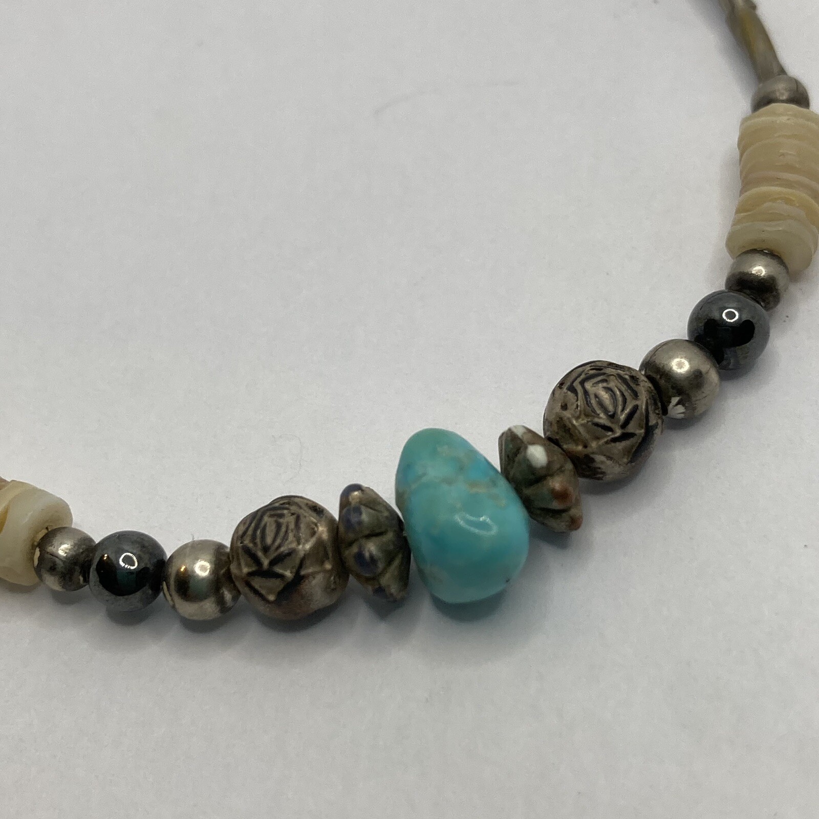 VTG 60’s Western Native Turquoise Stone Silver Mother Pearl Shell Beads Bracelet