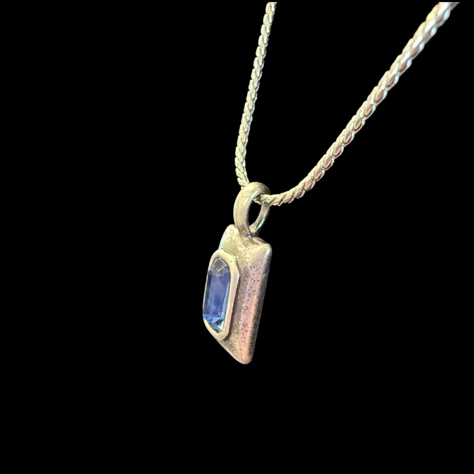 Vintage Silver Necklace Royal Blue Baguette Crystal Pendant, Silver toned Chain