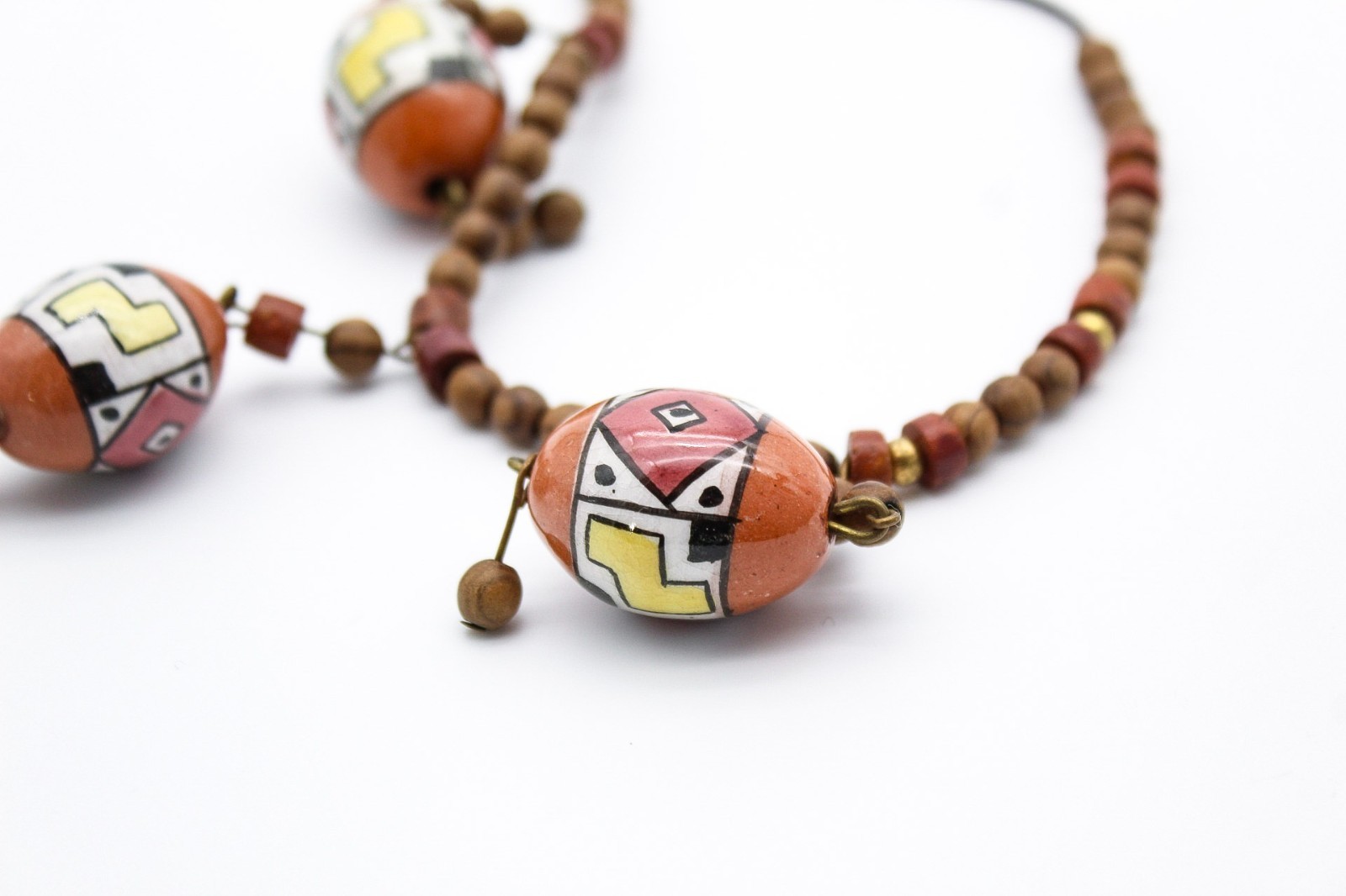 Vintage Tribal Style Hand Painted Ceramic & Wood Bead Statement Necklace