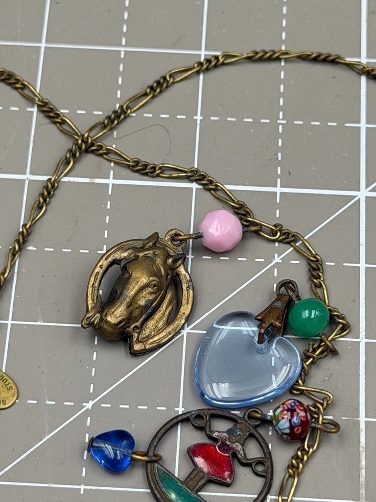 Vintage Glass Works Studio Charm Necklace Brass Glass Hearts Eagle Moon Stars