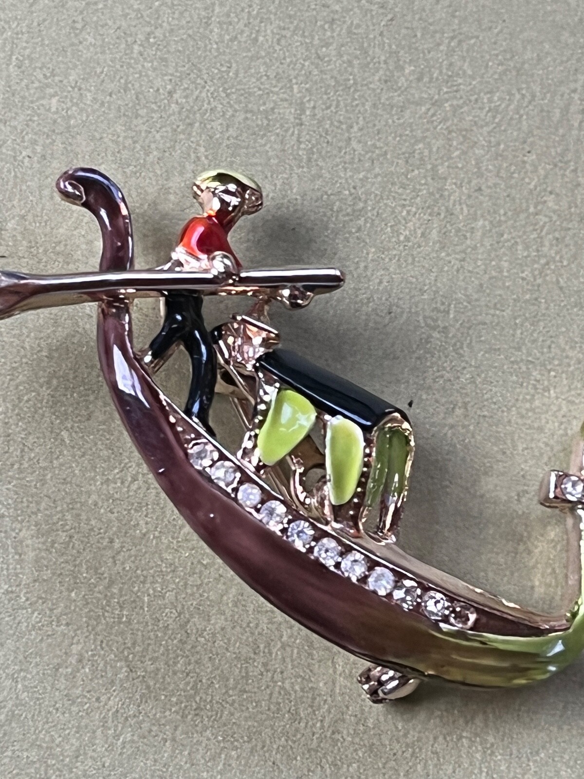 Vintage LIme Green Black & Red Enamel Asian Fishing Boat Figural w Clear Rhinest