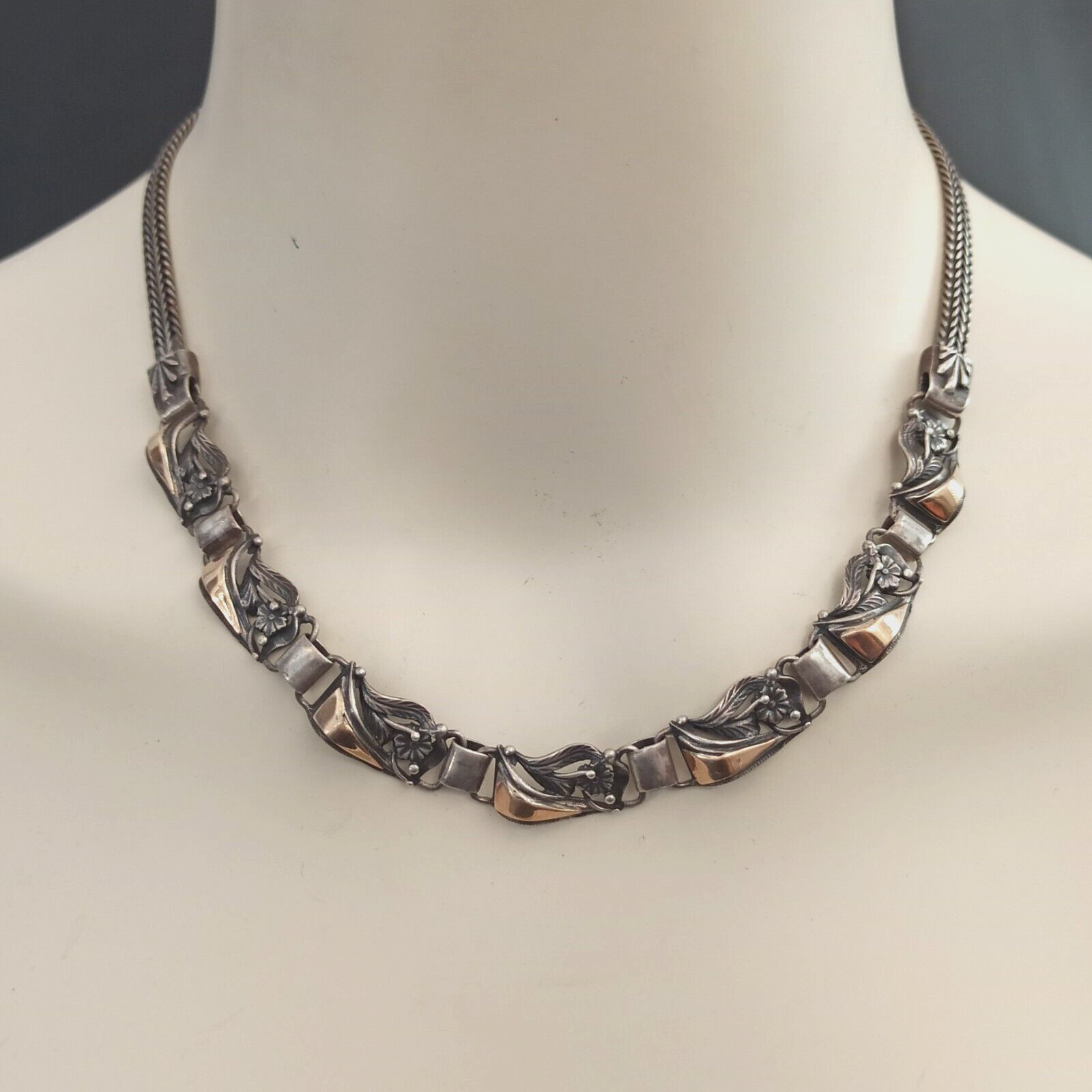 Vintage Silver Gold Necklace Bicolor Articulated Art Deco Revival Links 90s 925