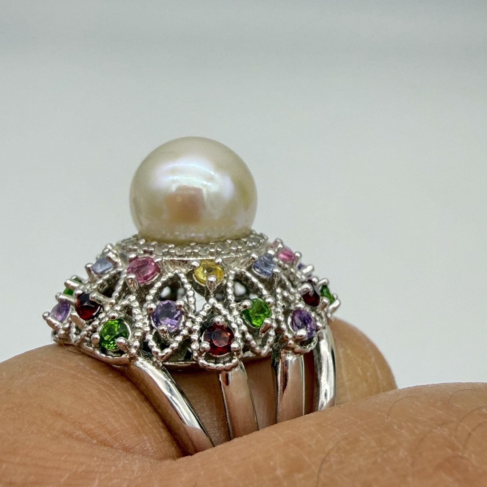 Vtg JZ Sterling Silver Pearl Gemstone Princess Ring Garnet Period Size 6 QVC