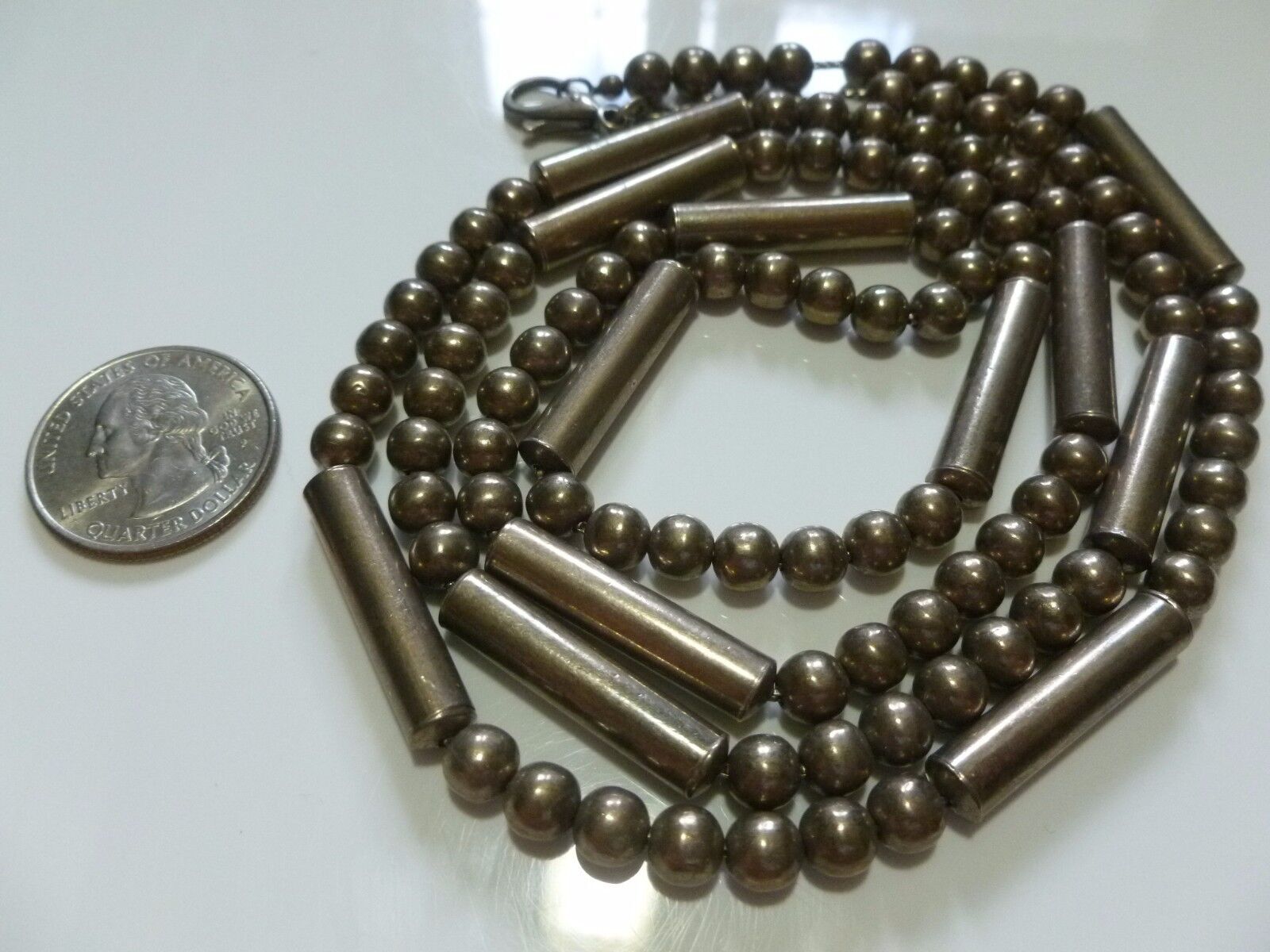 76 GRAMS STERLING SILVER 38″ CYLINDER BALL BEAD SOUTHWESTERN BEADED NECKLACE