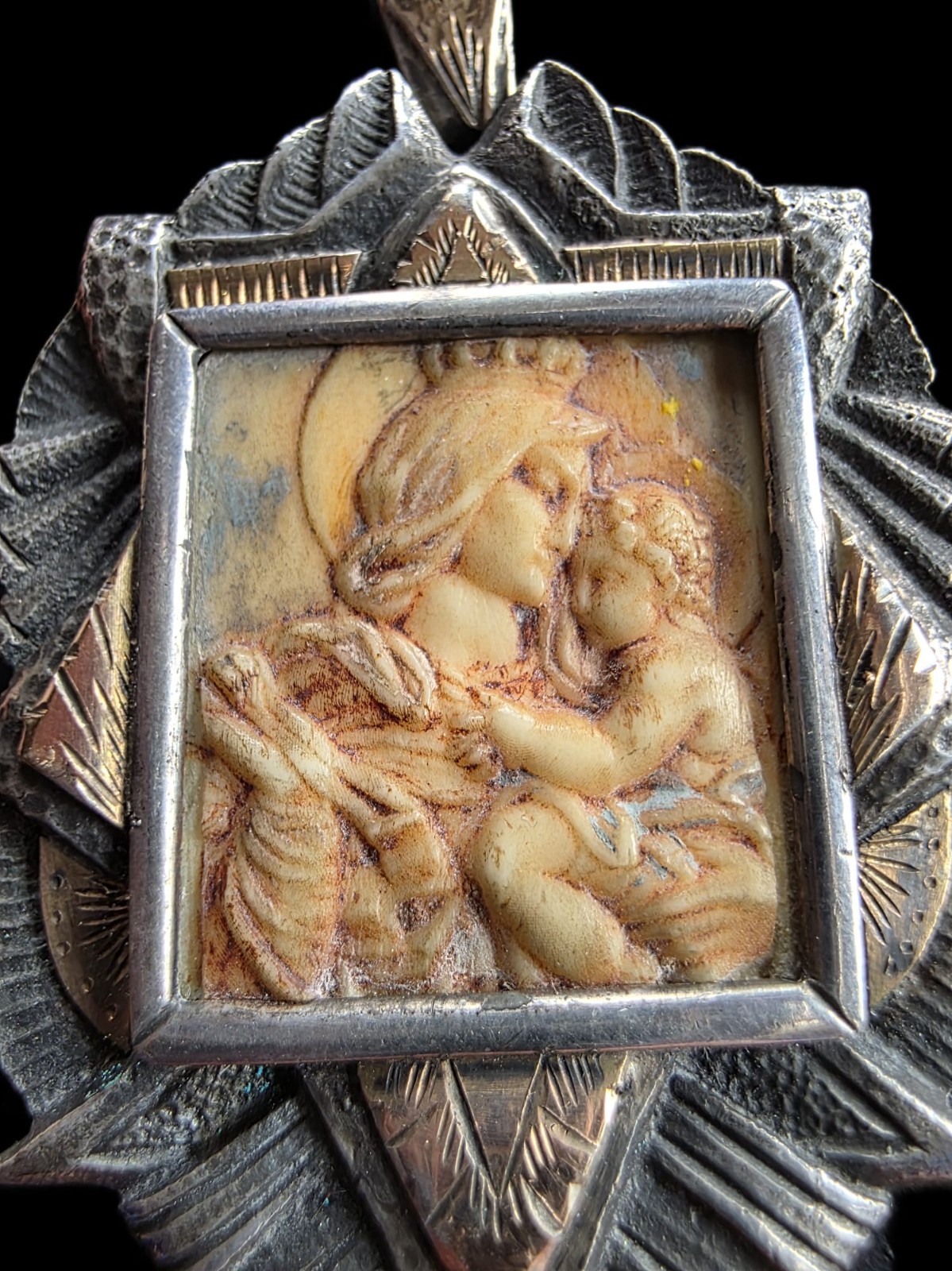 Fine Antique Art Nouveau Silver Gold Madonna Virgin Mary and Jesus Pendant C1900