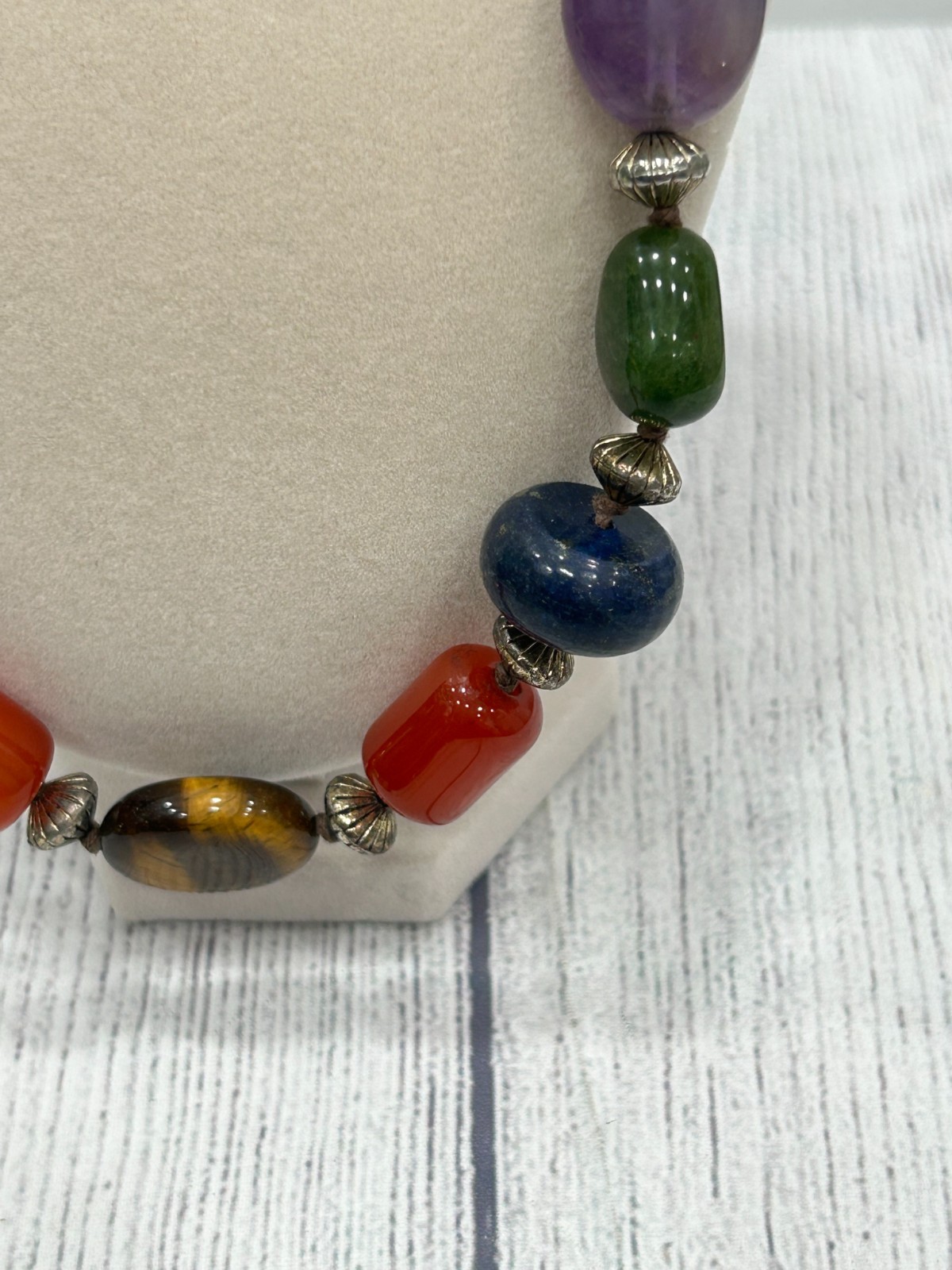 Artisan Multi-Gemstone Necklace Amethyst Lapis Tiger’s Eye Carnelian Jade 18″
