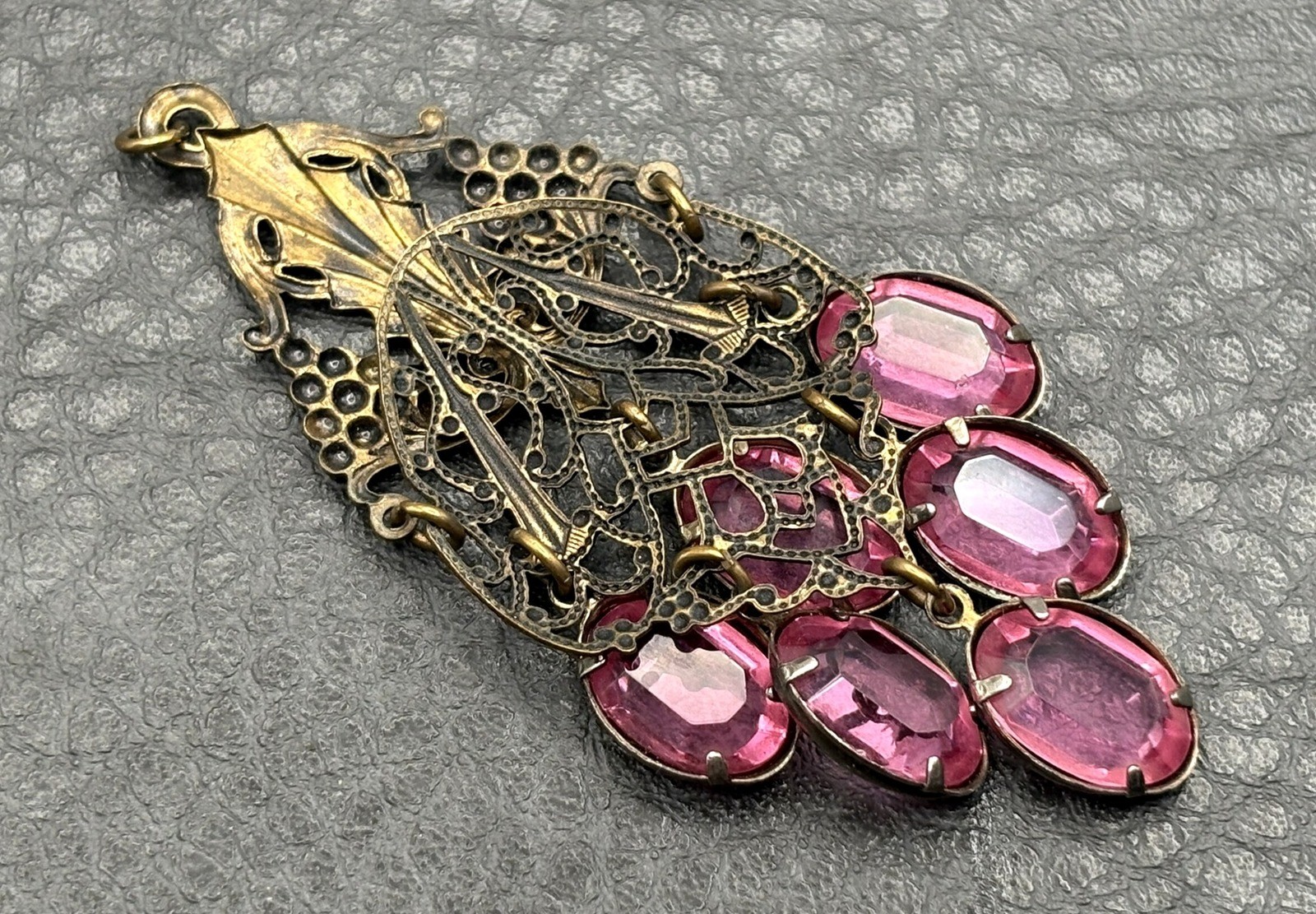 VTG Nouveau Revival Brass Tone Crystal Station Pendant Filigree Chandelier Style