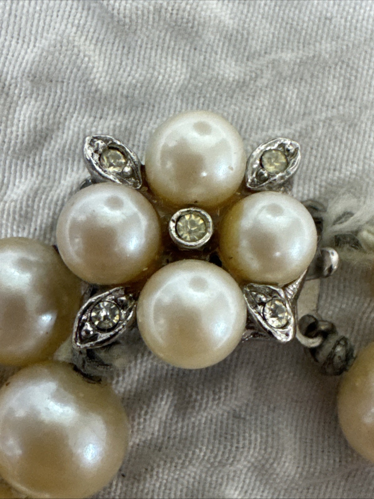 Vintage Hand Knotted Double Strand 24”Faux Pearls &Diamond Pearl Clasp 140 Grams