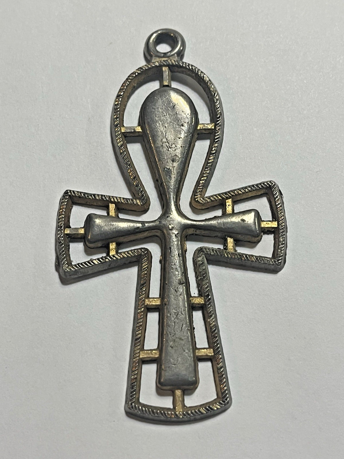 Vintage Egyptian Ankh Cross Pendant Pewter Gold Tone Inlay Symbol of Life